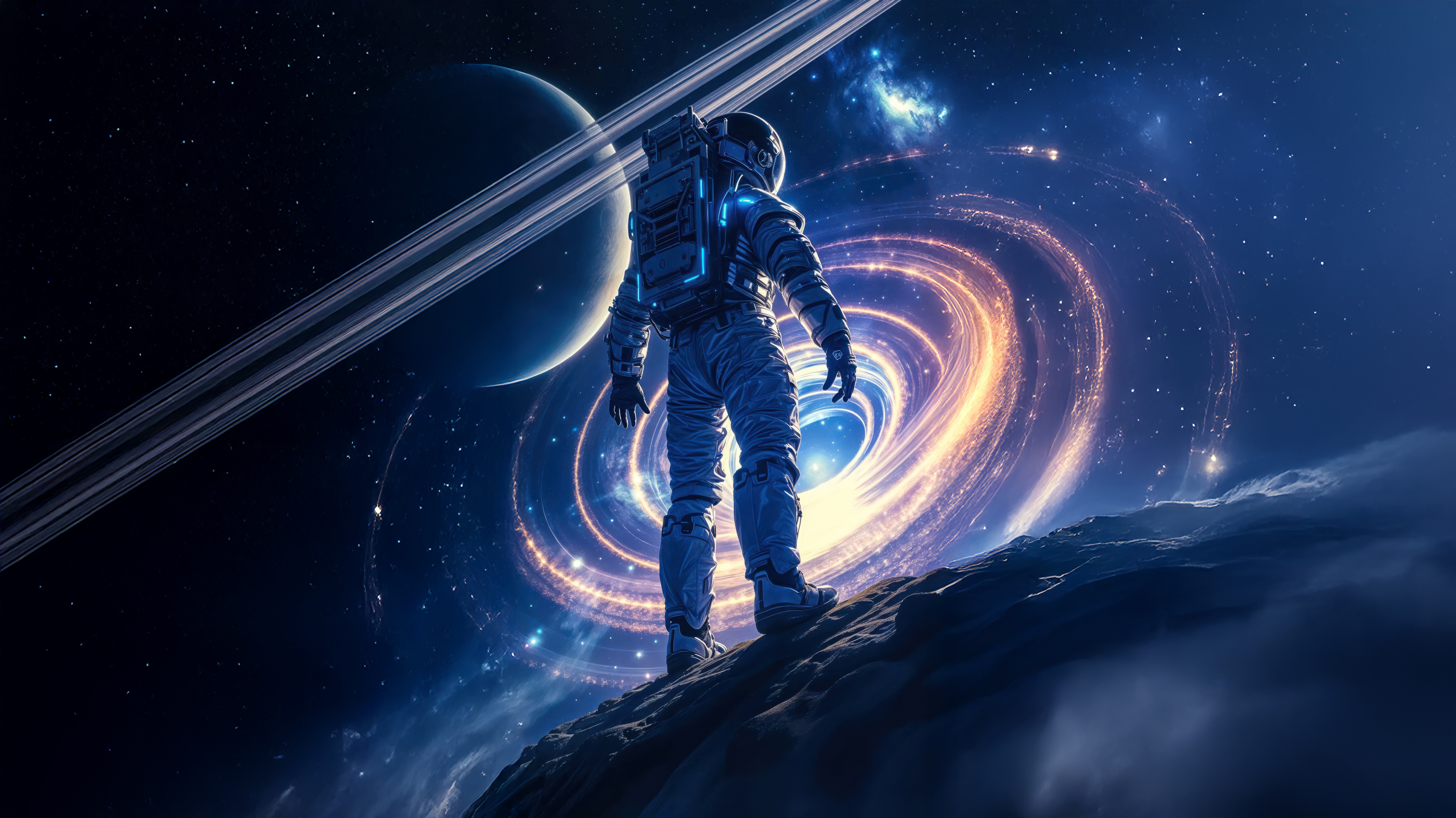 Astronaut on a rocky planet looking at a nebula HD Wallpaper