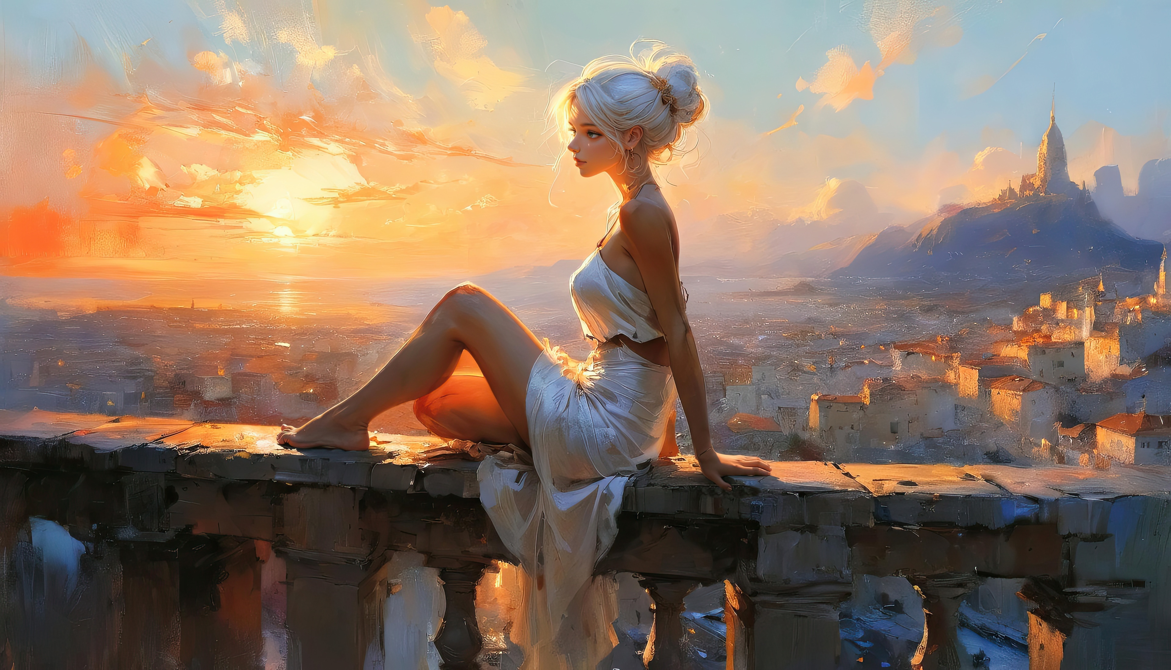 Woman Sitting on Balcony Overlooking City at Sunset HD Wallpaper