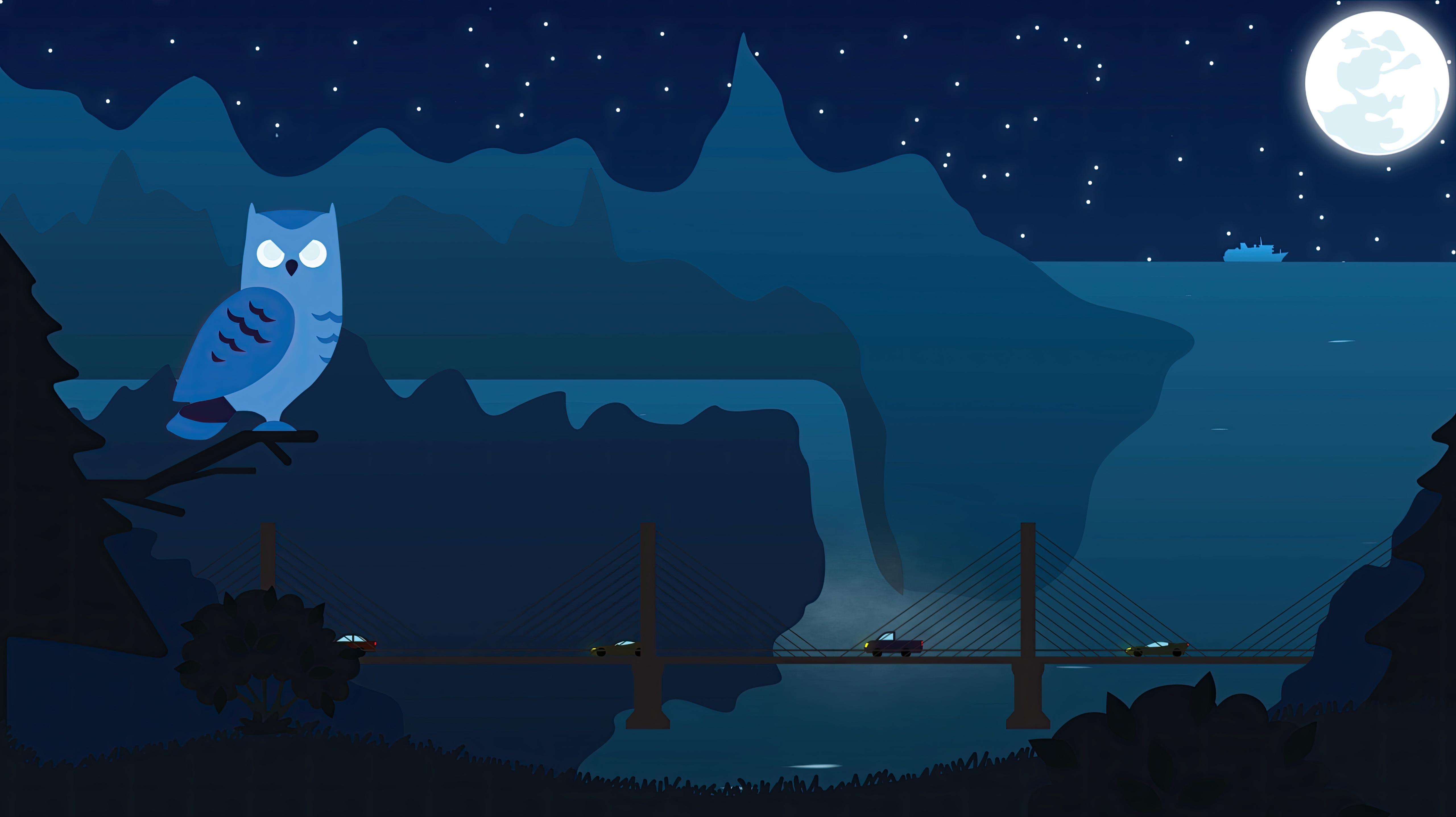 Minimalist night scene with owl and bridge HD Wallpaper