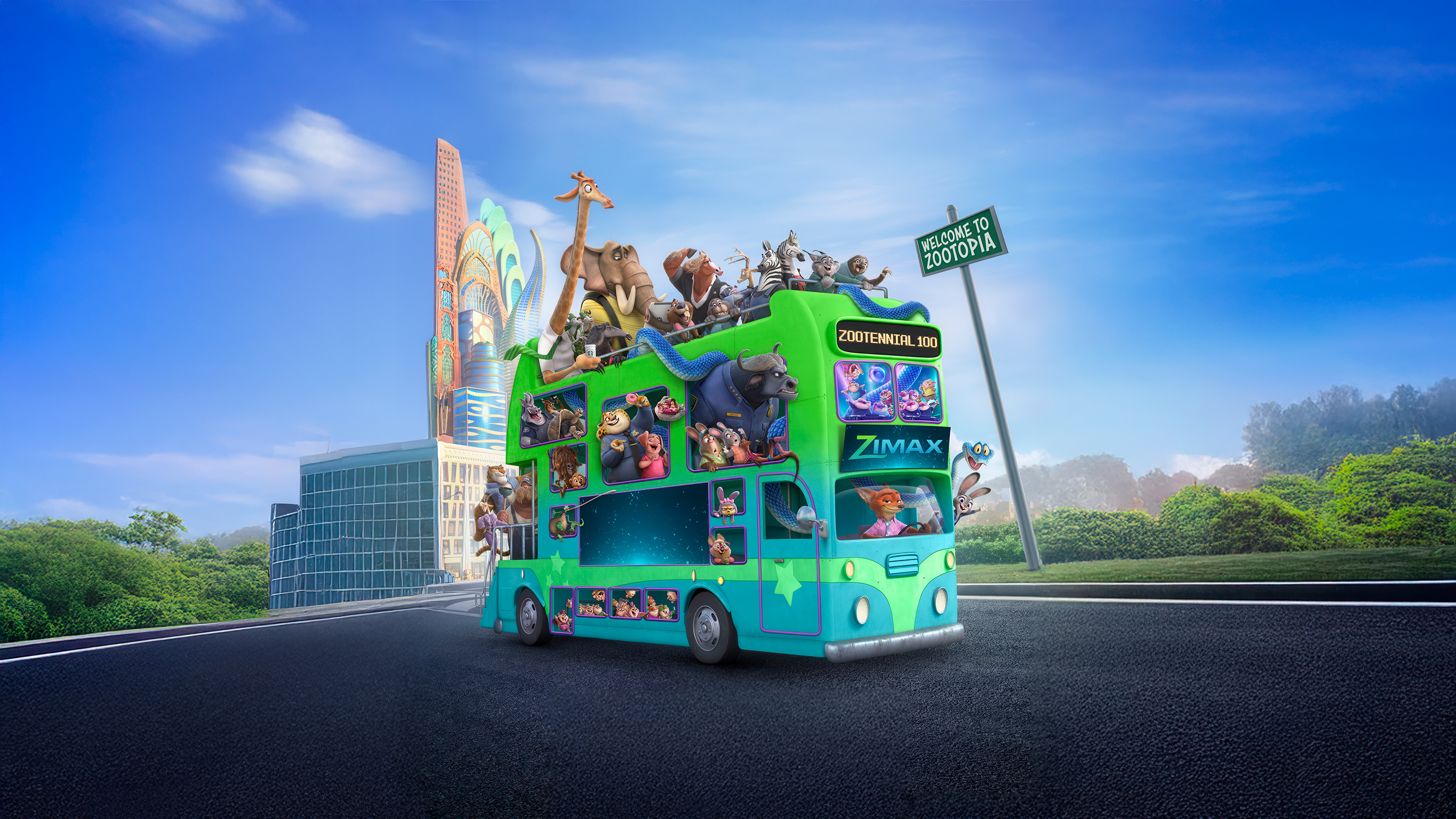Zootopia characters on a double-decker bus HD Wallpaper