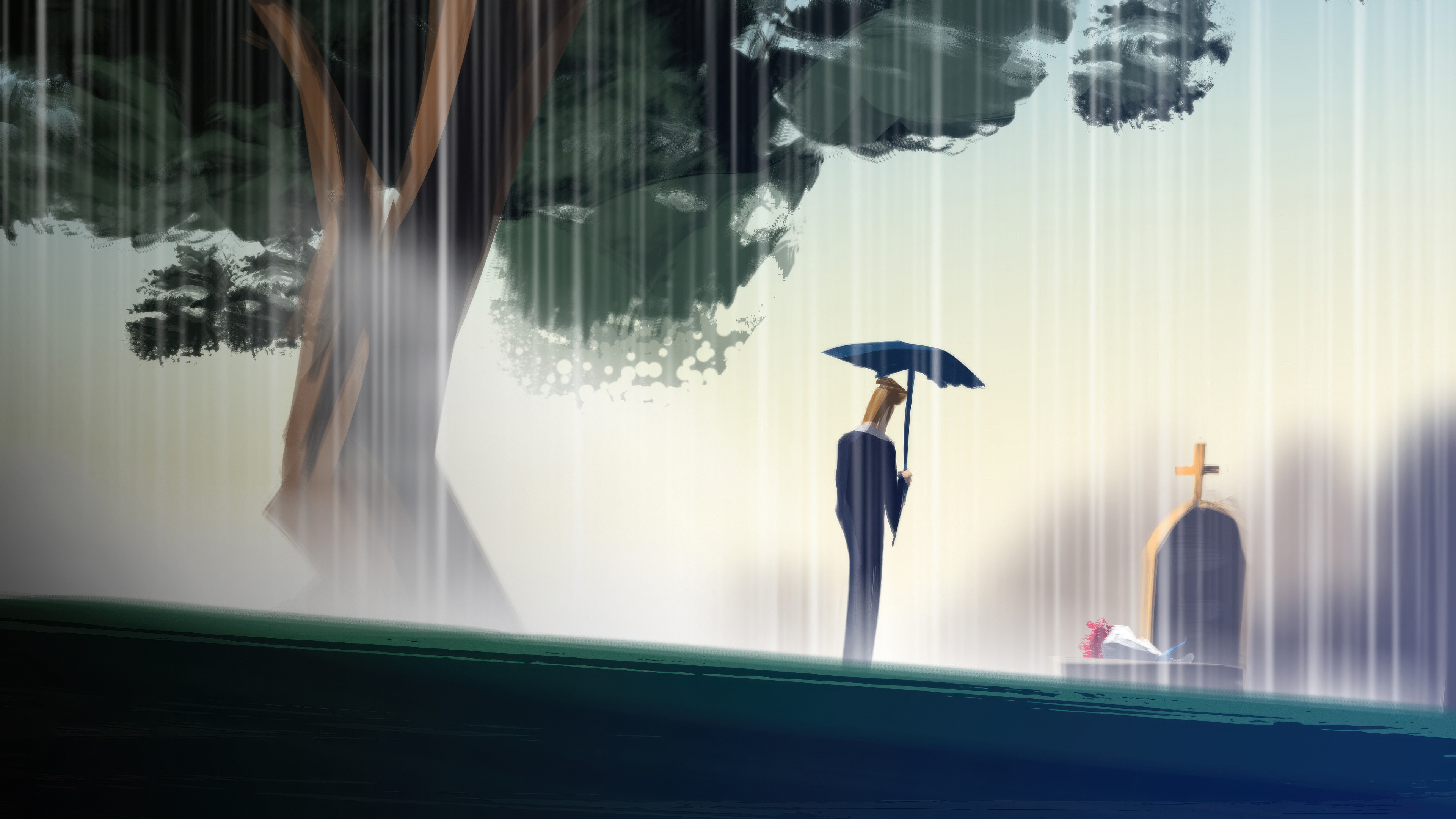 Man With Umbrella In Rain At Graveyard HD Wallpaper