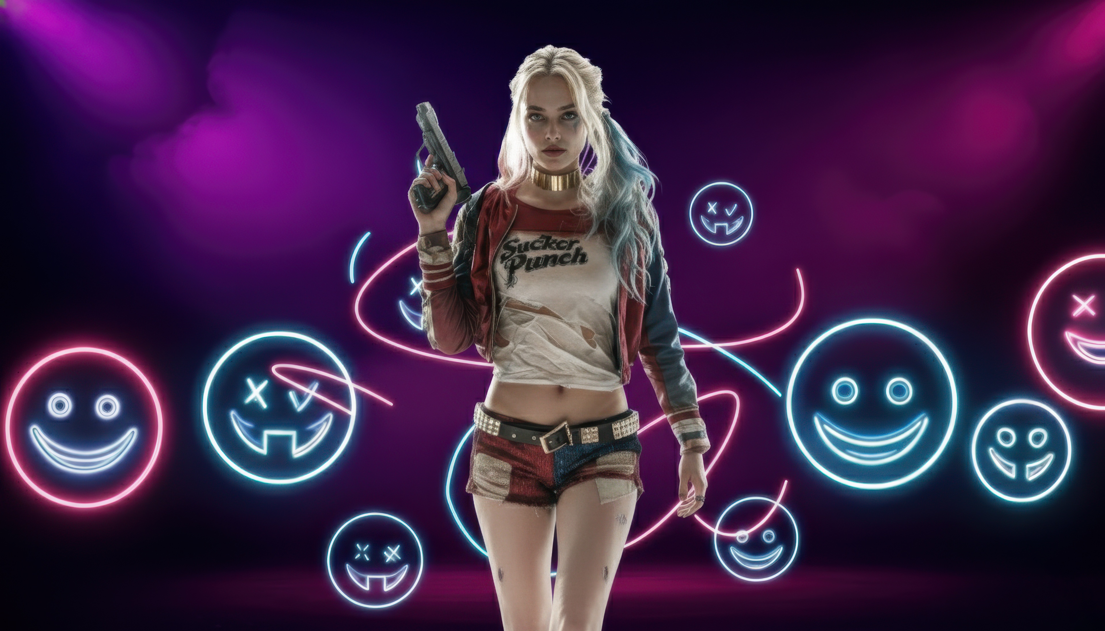 Harley Quinn with Neon Smileys HD Wallpaper