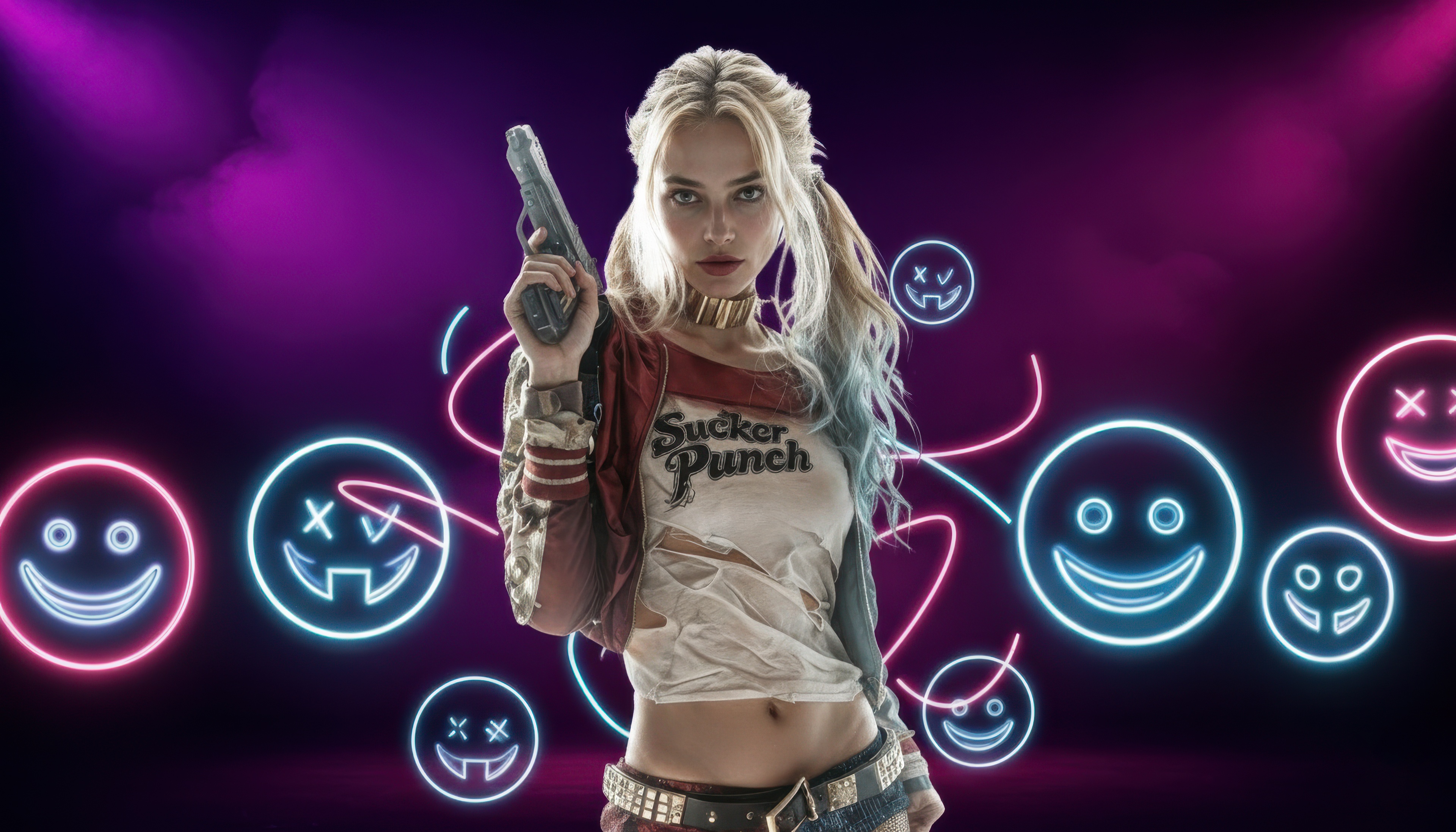 Harley Quinn with Neon Smileys HD Wallpaper