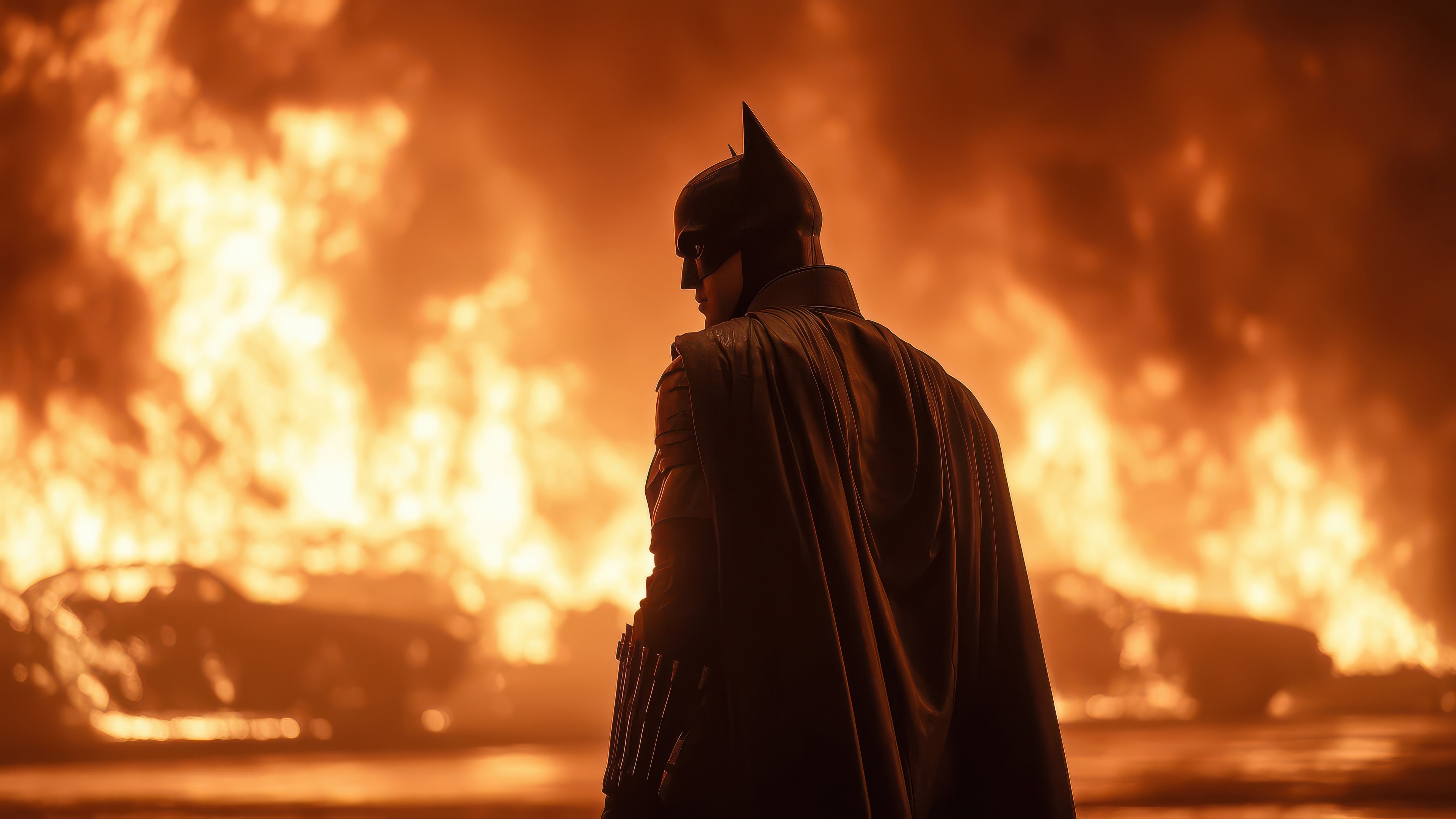The Batman Stands Before a Fiery Inferno HD Wallpaper