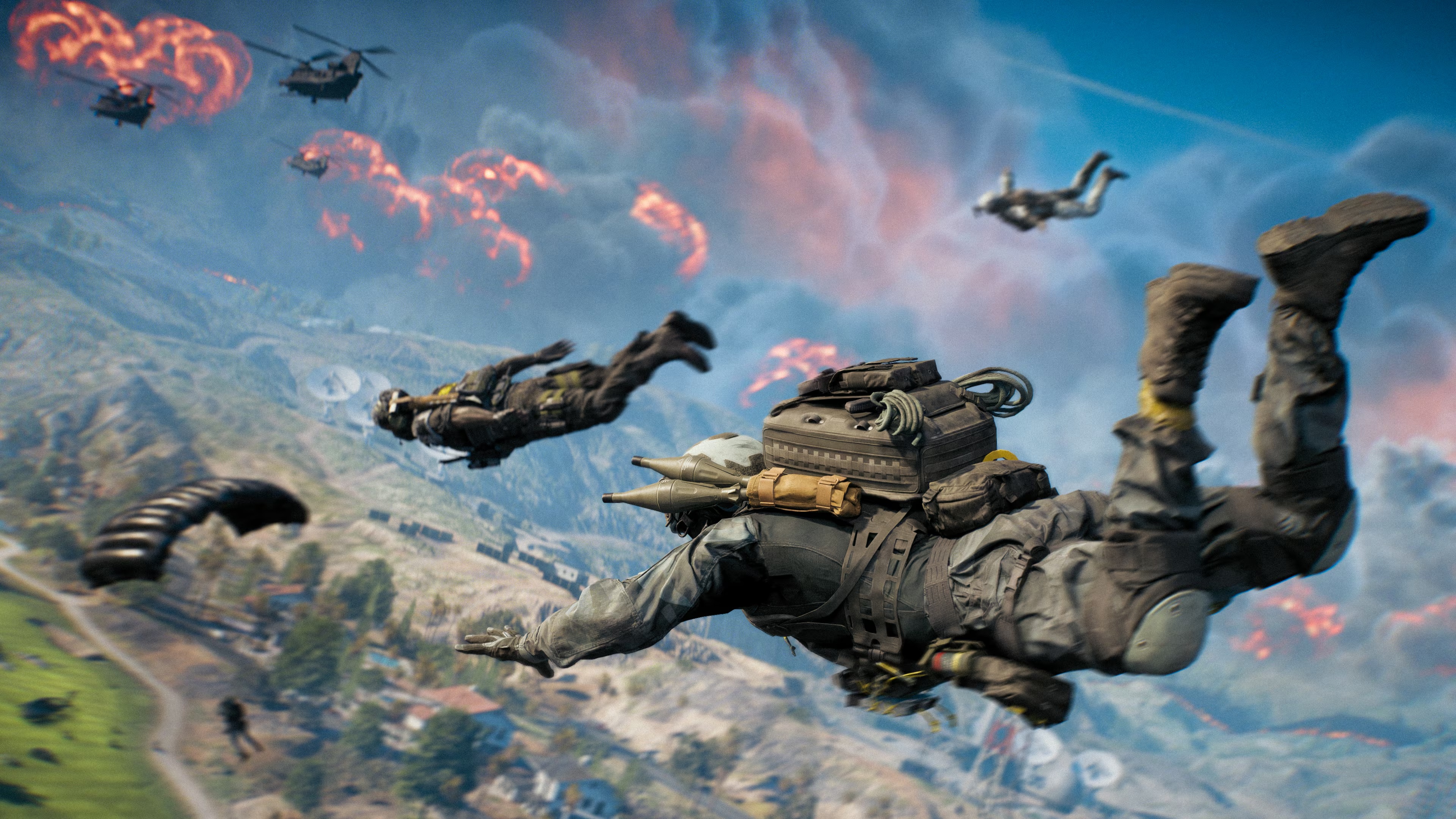 Battlefield 2042 soldiers parachuting with helicopters HD Wallpaper