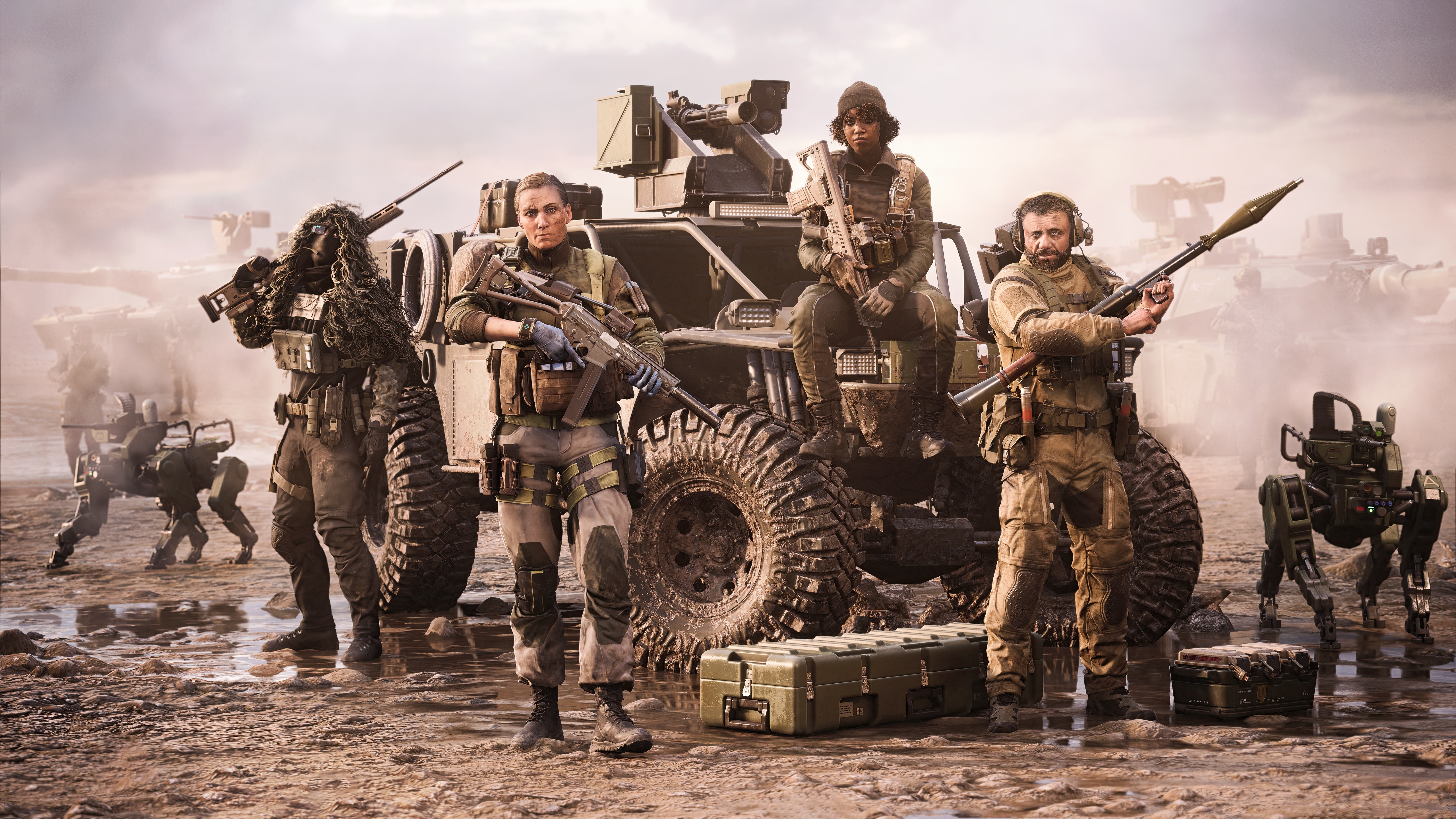 Battlefield 2042 Game Soldiers with Military Vehicle and Robots HD Wallpaper