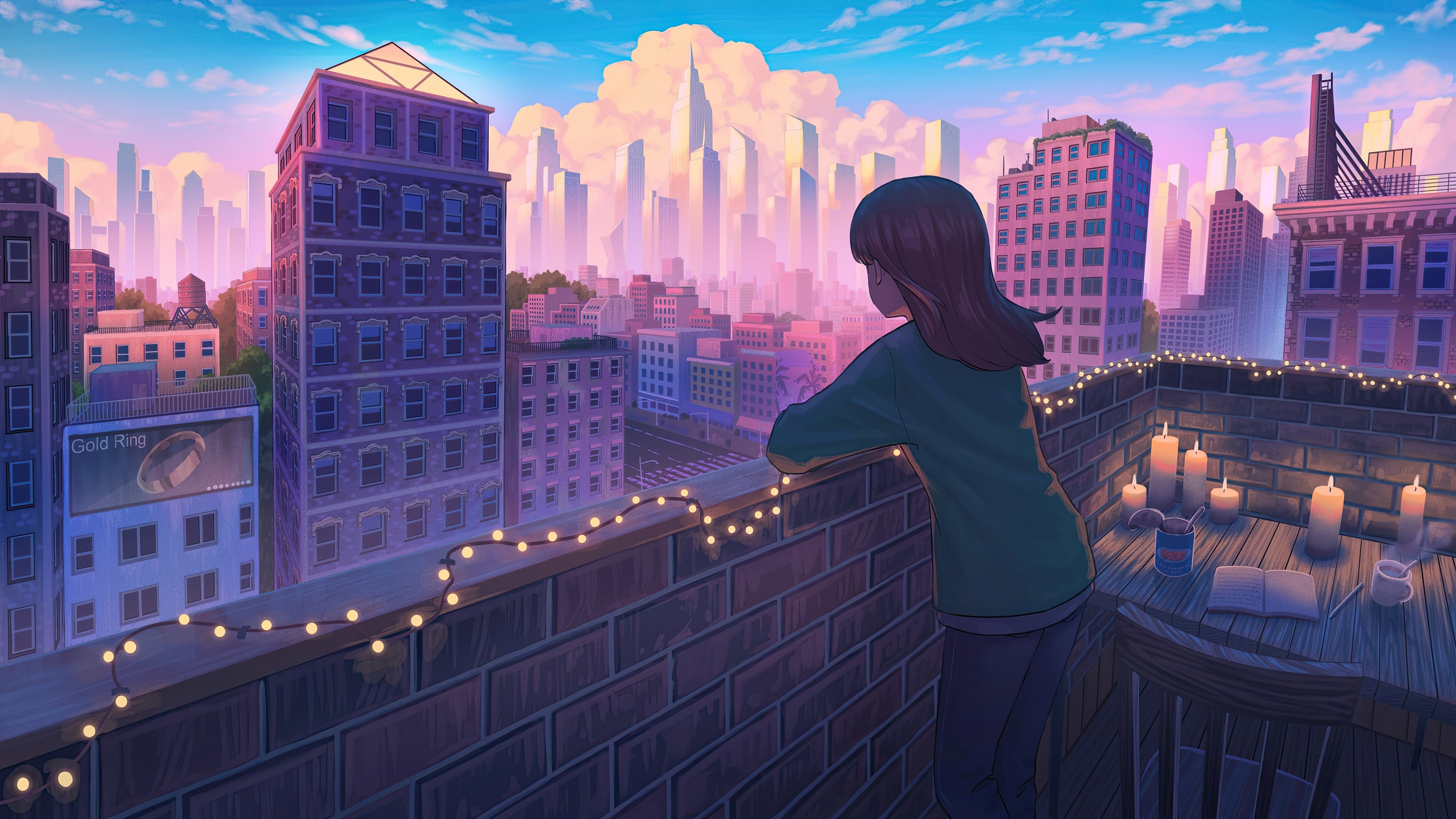 Girl on a rooftop overlooking a city at sunset HD Wallpaper