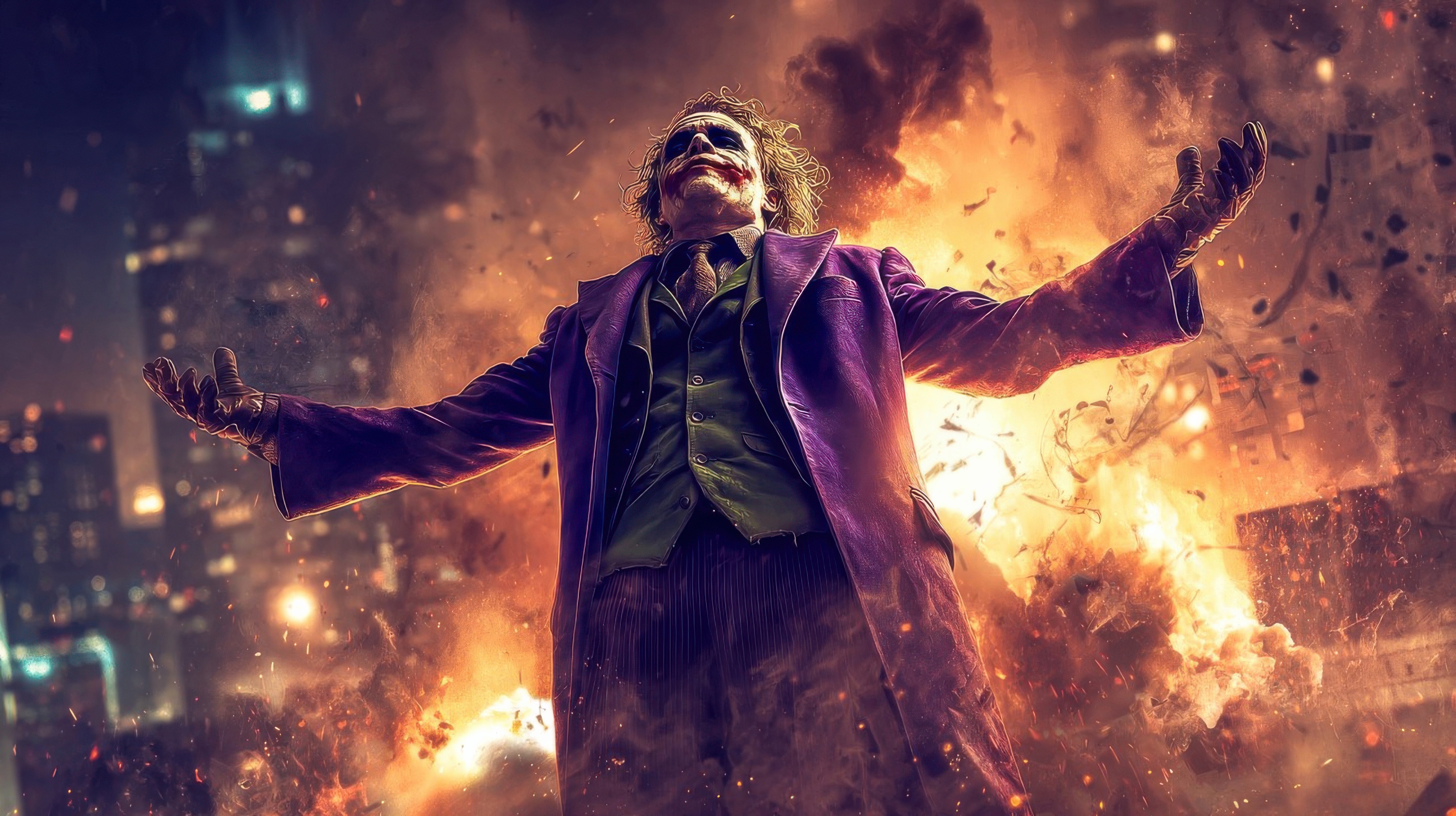 The Joker Amidst City Destruction HD Wallpaper