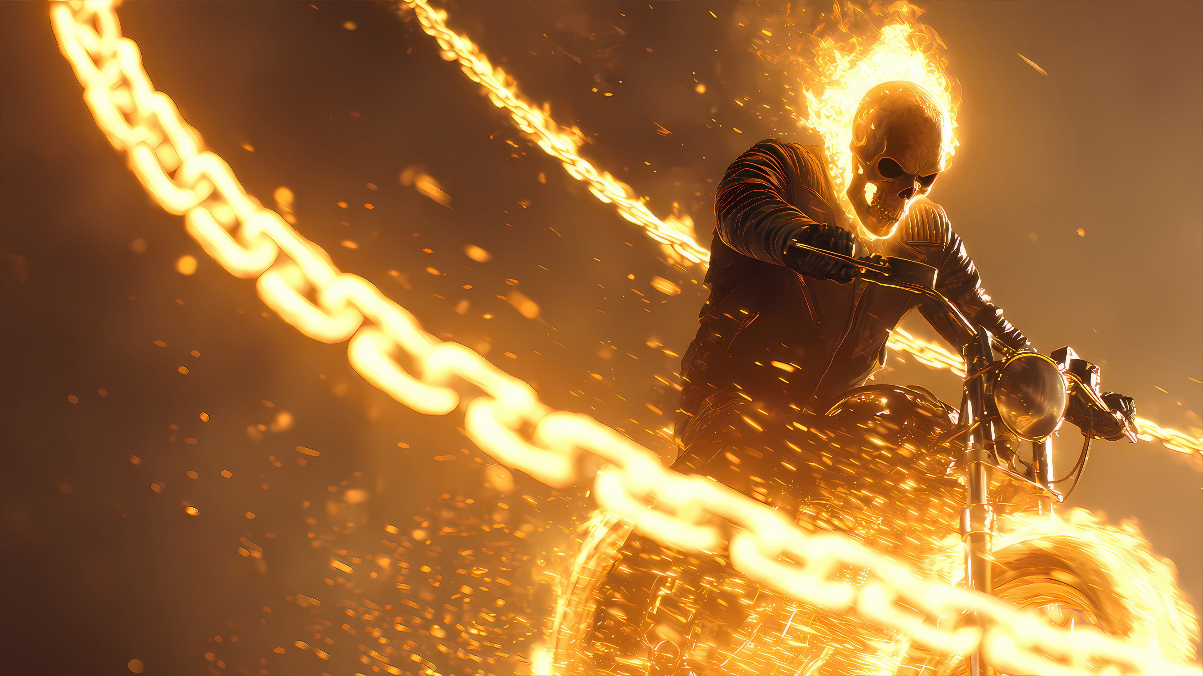 Ghost Rider on a flaming motorcycle with chains HD Wallpaper