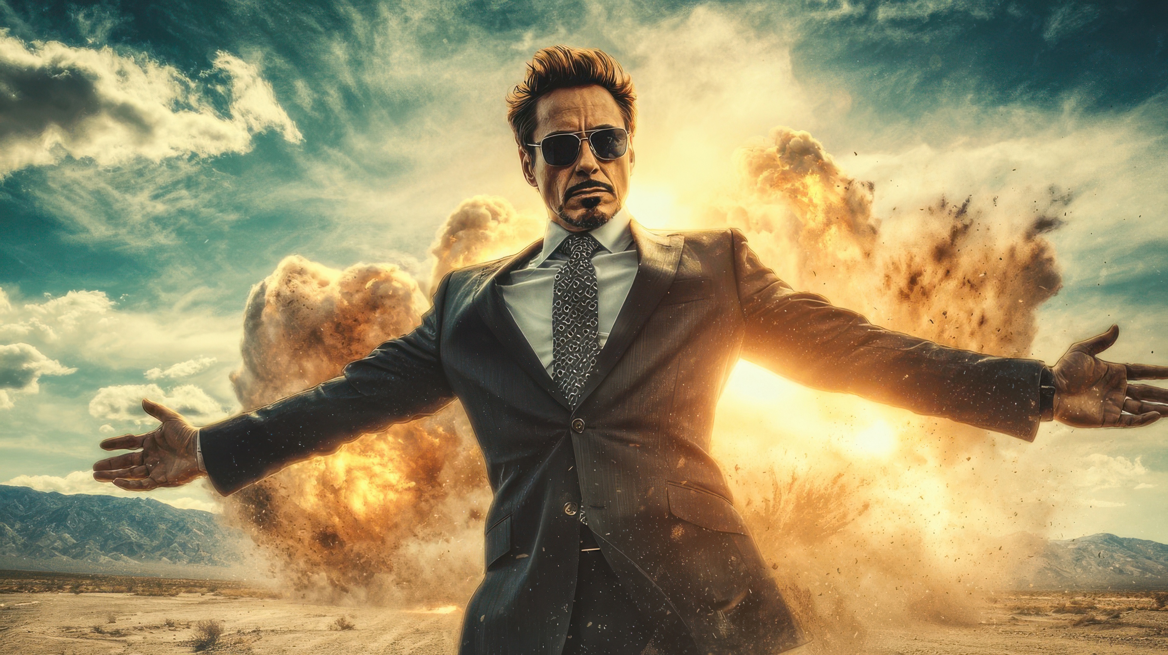 Iron Man in a suit with explosions behind him HD Wallpaper