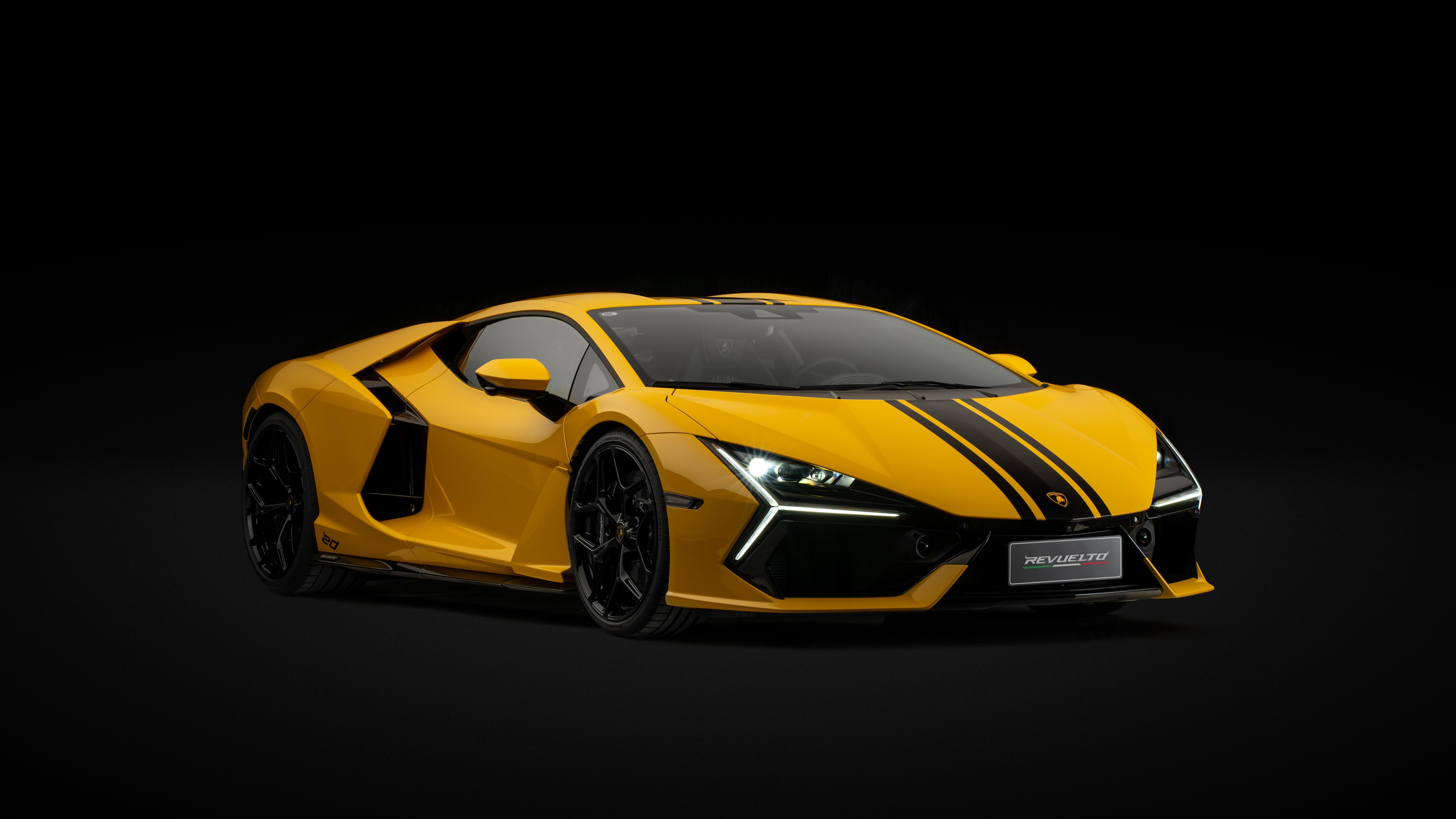Yellow Lamborghini Revuelto with Black Stripes HD Wallpaper
