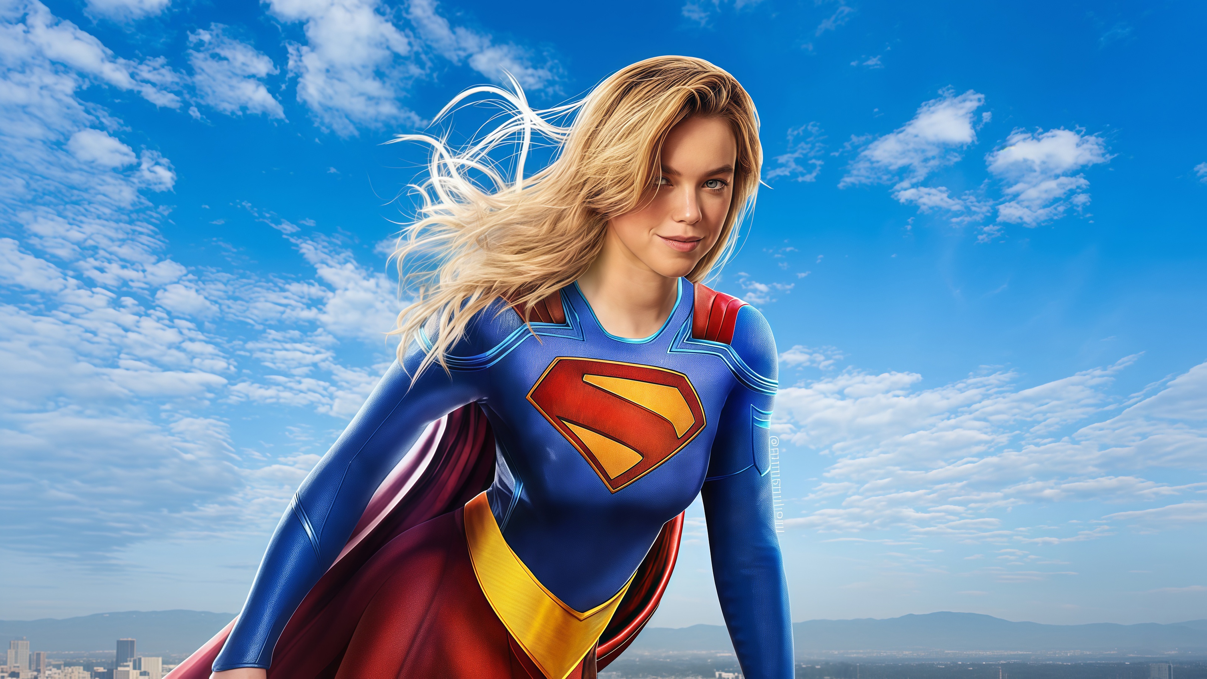 Supergirl in her costume flying in the sky HD Wallpaper