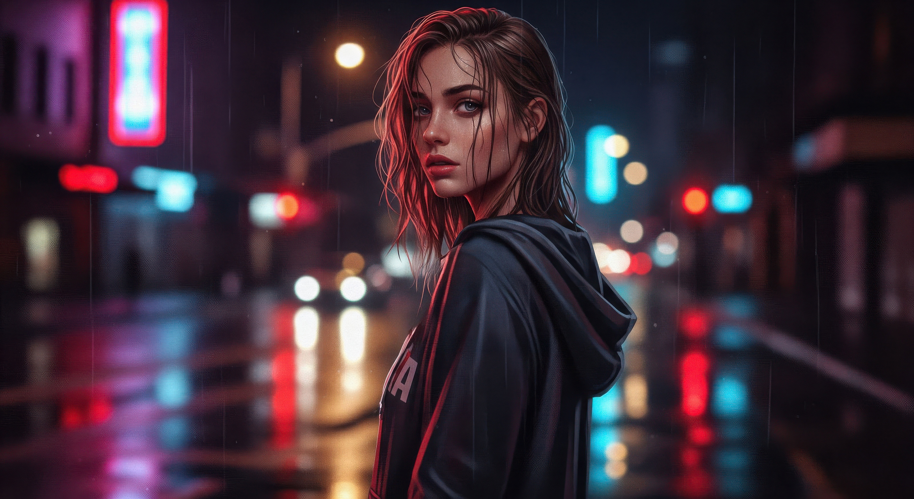 Girl in Neon Rain HD Wallpaper