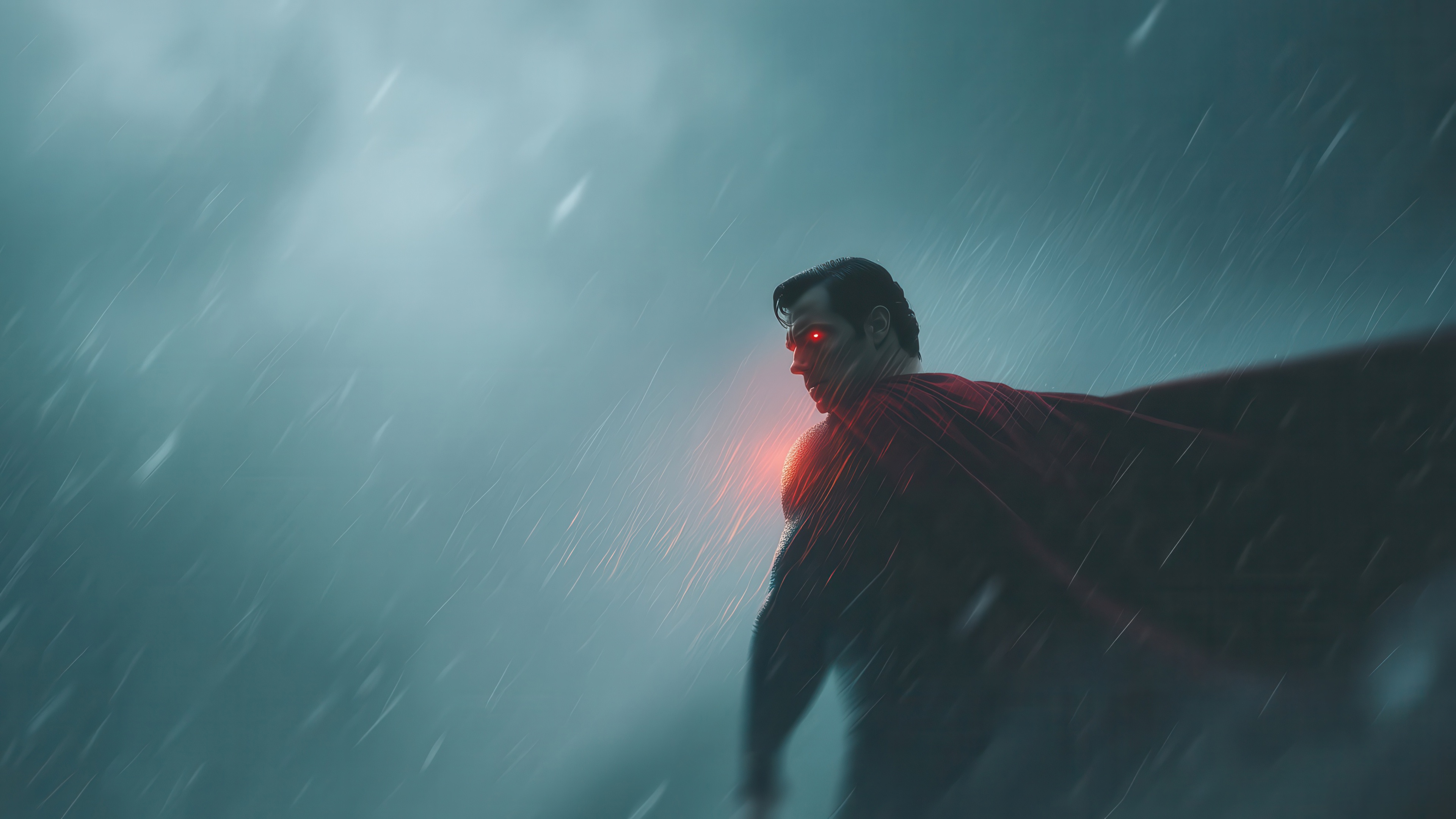 Superman with glowing red eyes in the rain HD Wallpaper