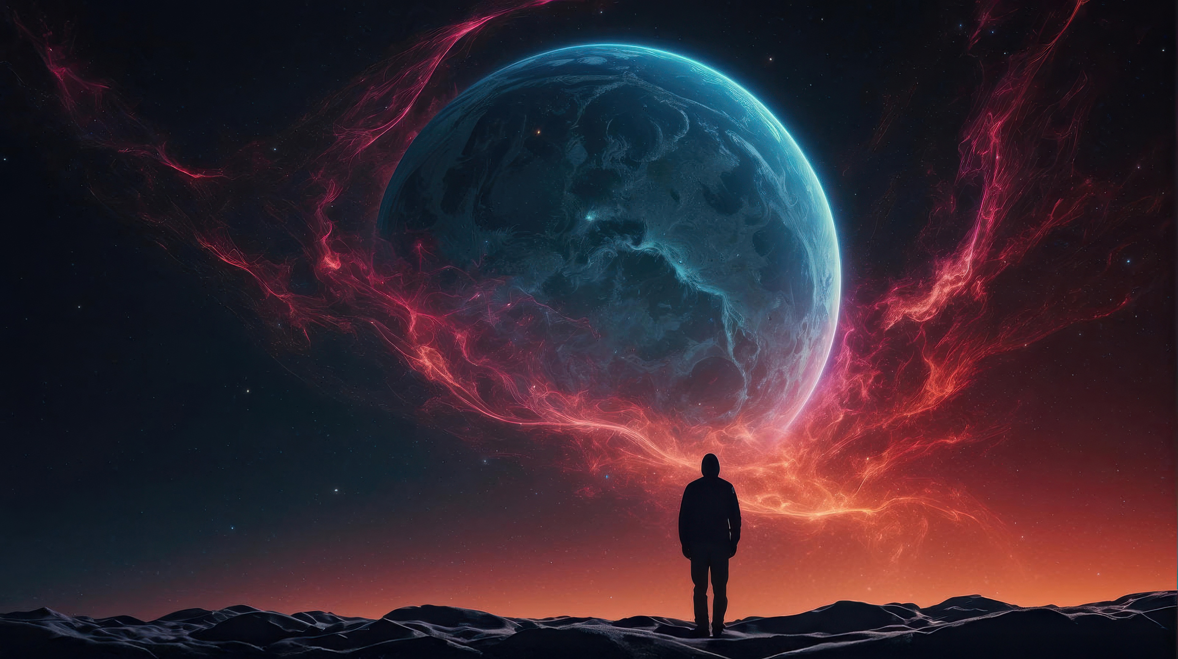 Silhouette of a person standing on a rocky surface looking at a large planet and nebula HD Wallpaper