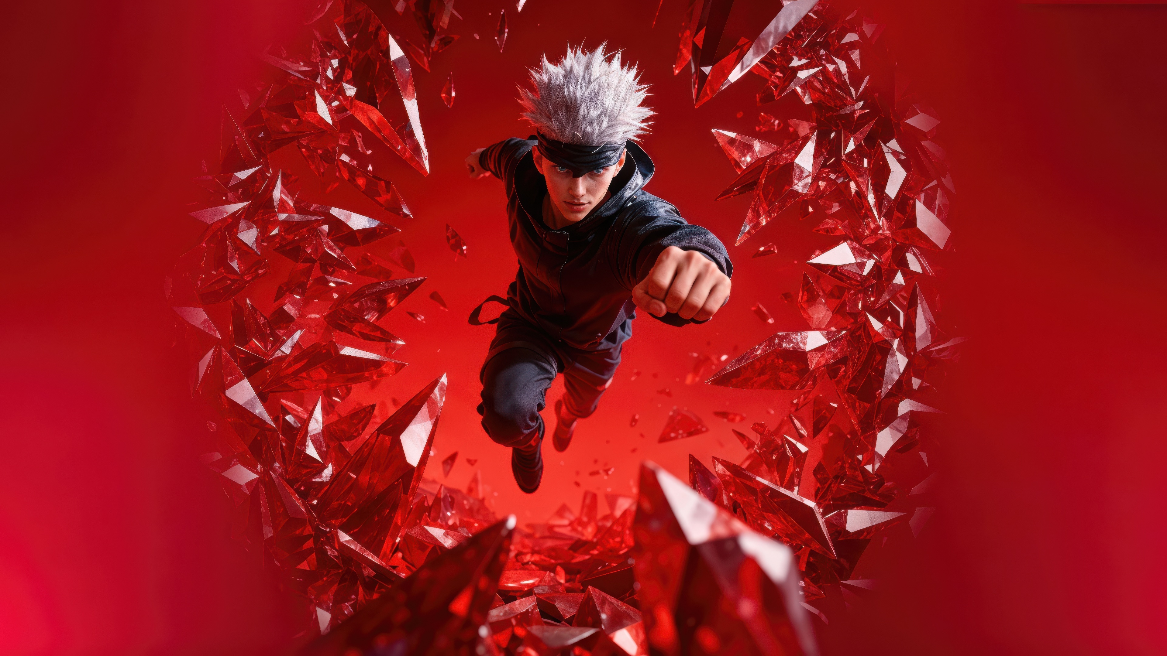 Gojo Satoru surrounded by red crystals HD Wallpaper