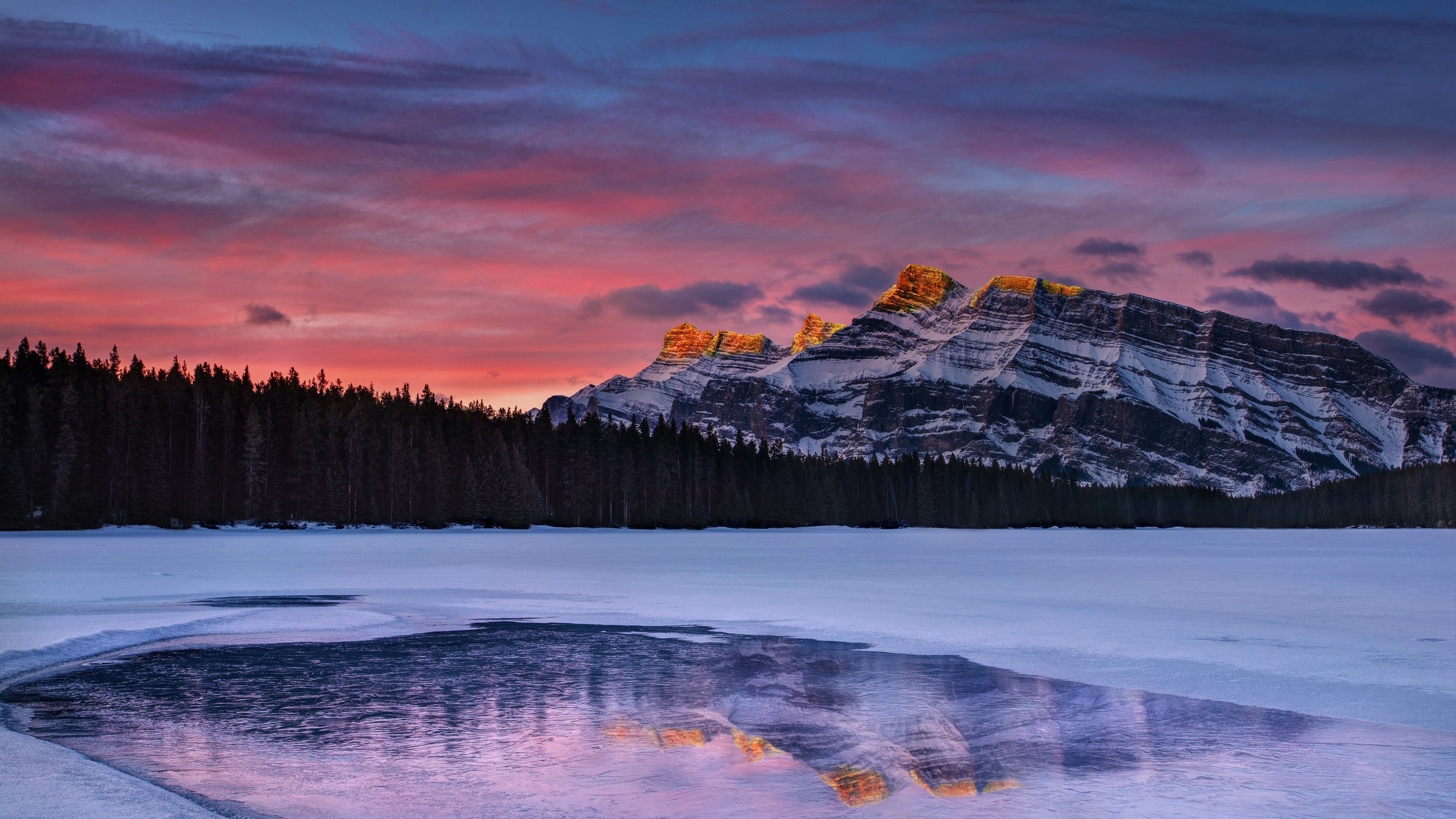 Golden Sunrise At Two Jack Lake With Alpenglow HD Wallpaper