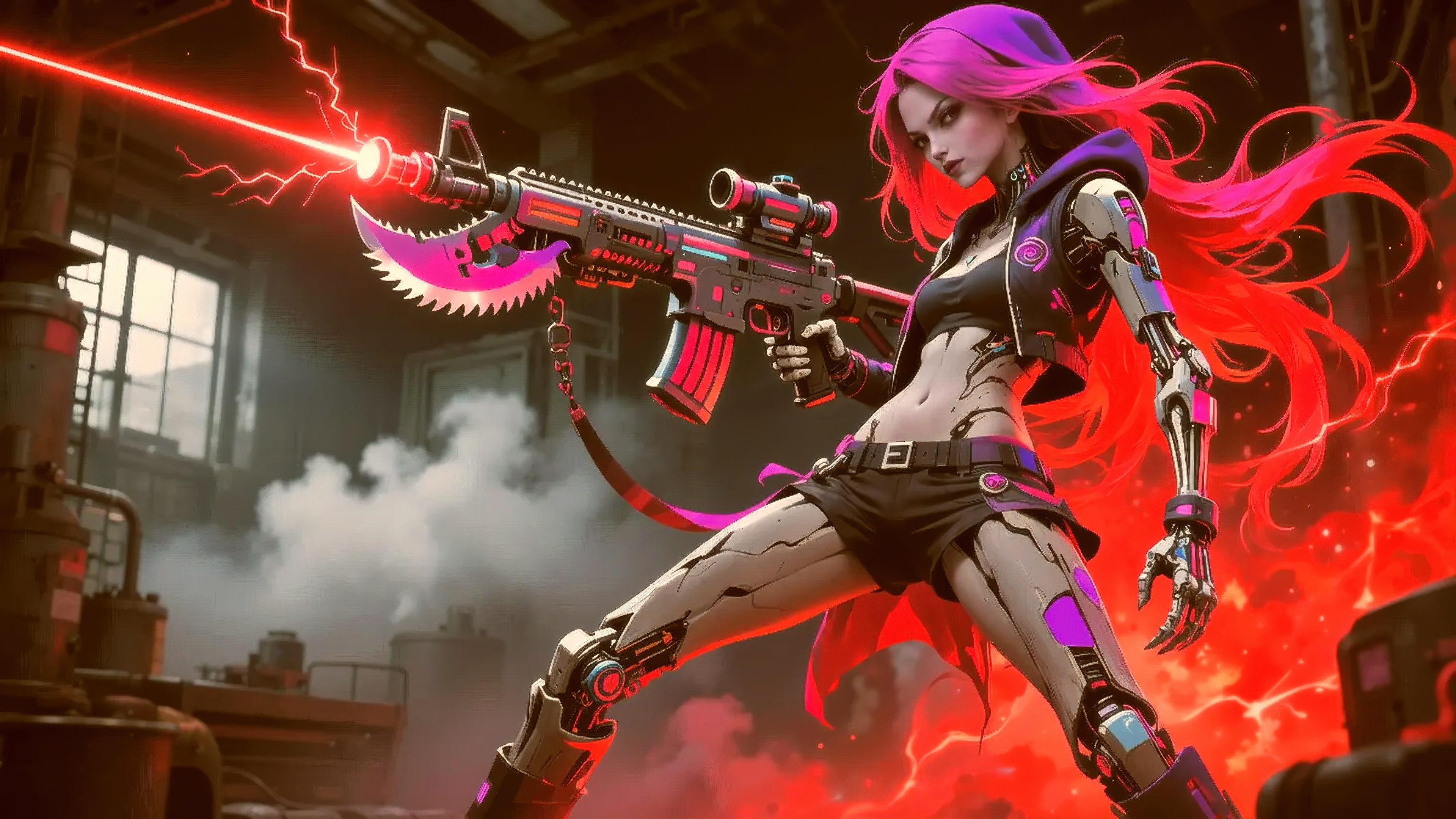 Cyberpunk Girl with Plasma Blades and Rifle HD Wallpaper