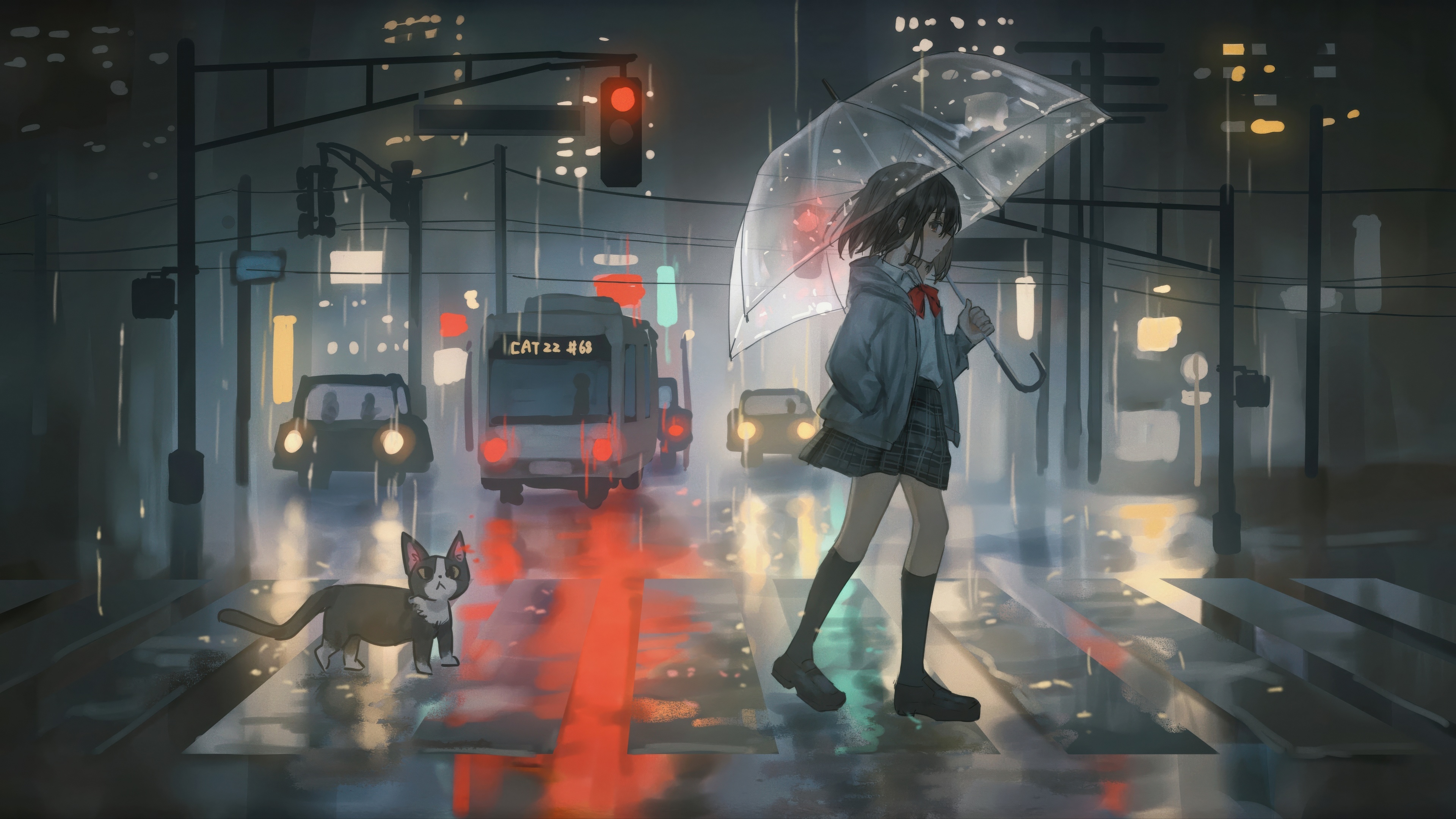 Anime girl with umbrella and cat in rainy Tokyo night HD Wallpaper