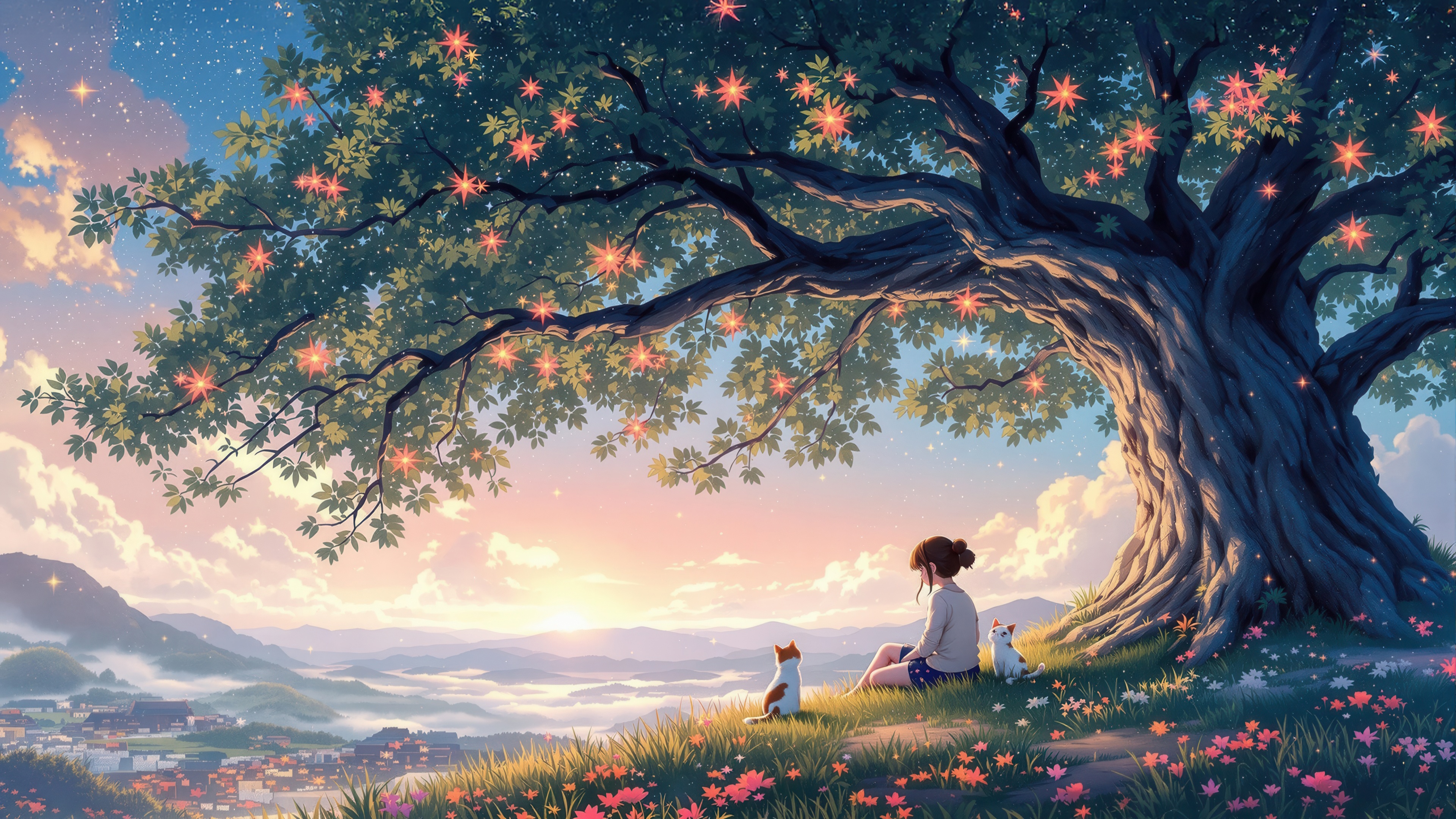 Girl and cats under a tree with glowing flowers HD Wallpaper