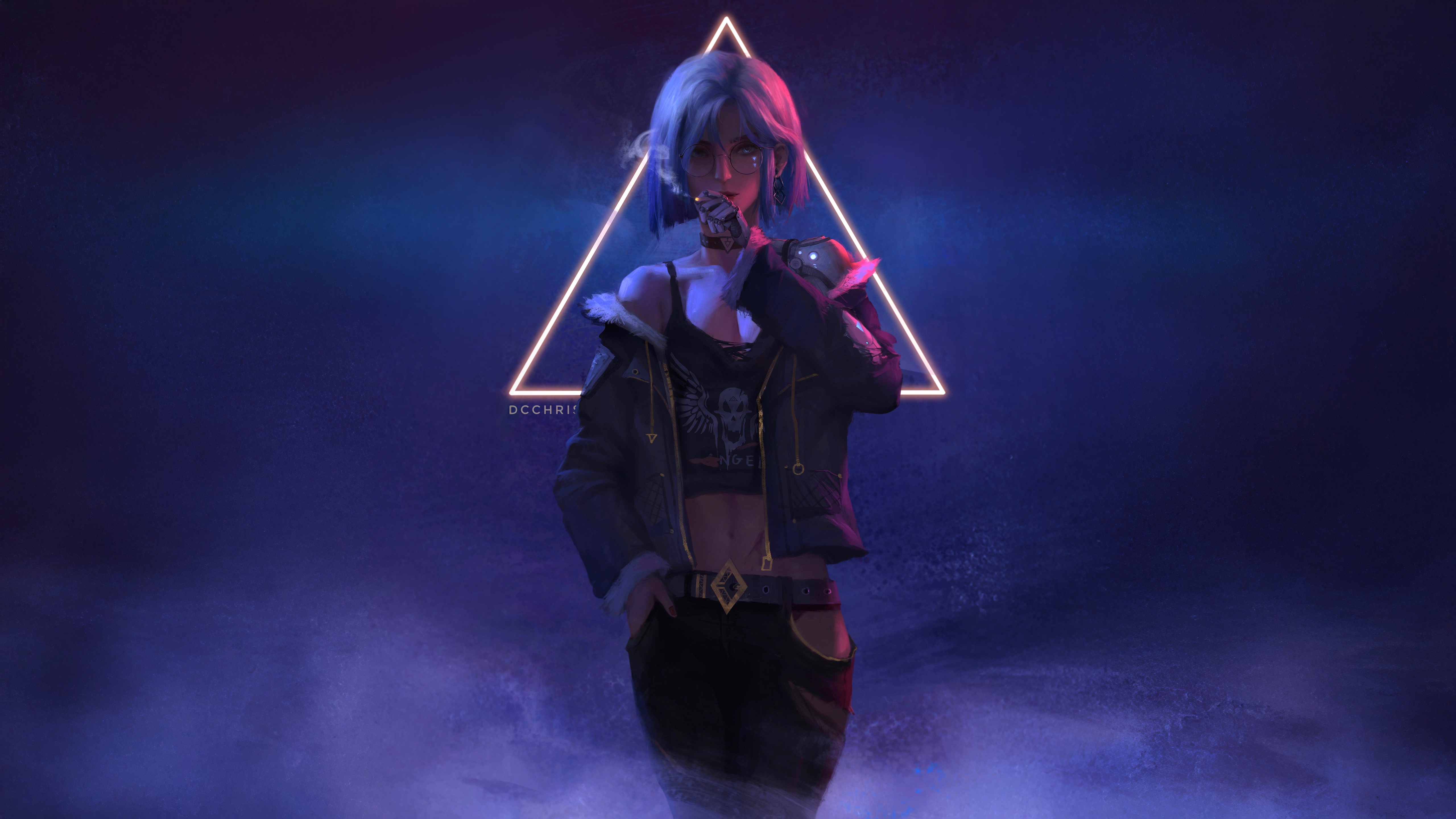 Cyberpunk Girl with Neon Triangle HD Wallpaper