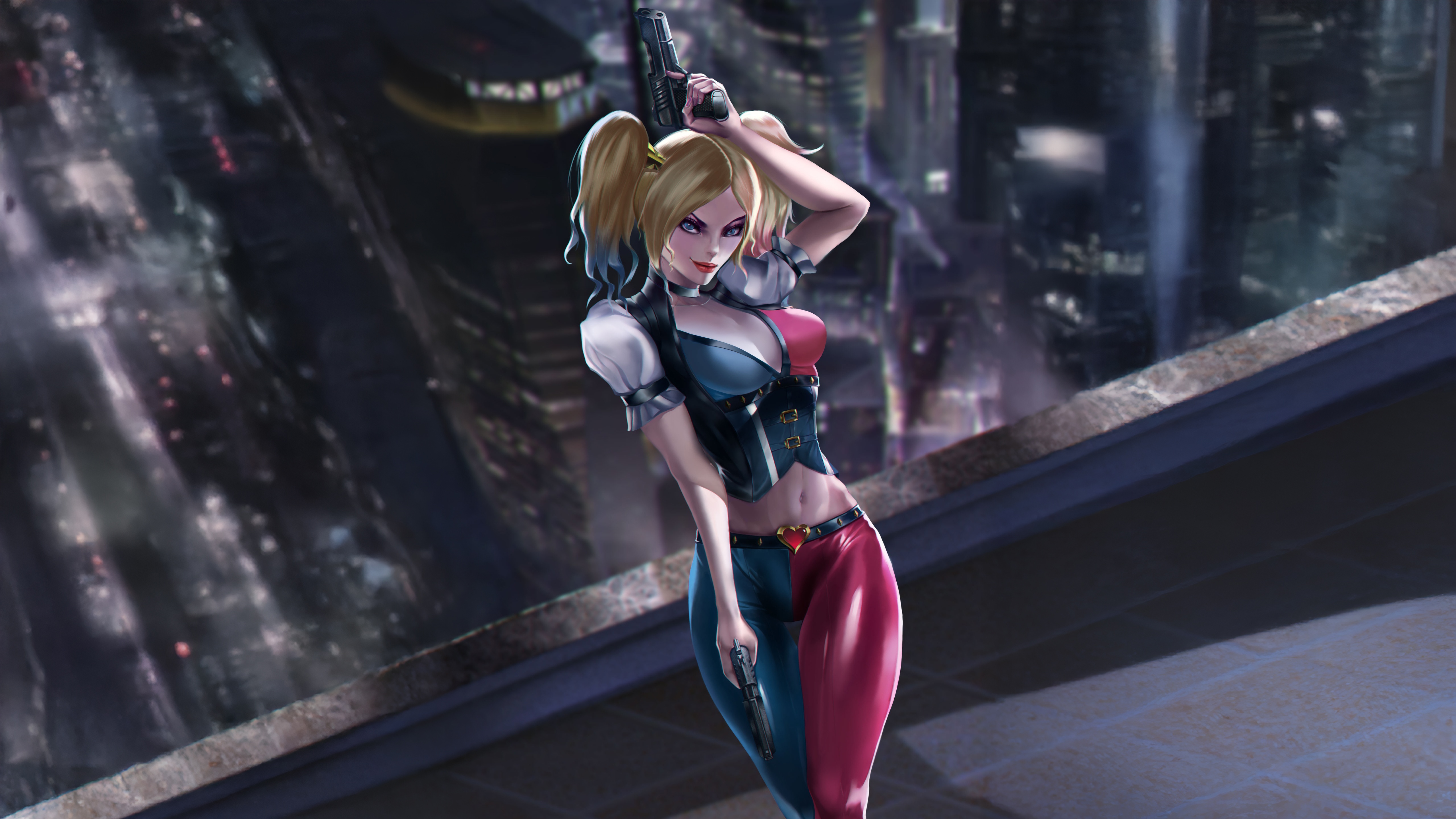 Harley Quinn with Guns on a Rooftop HD Wallpaper
