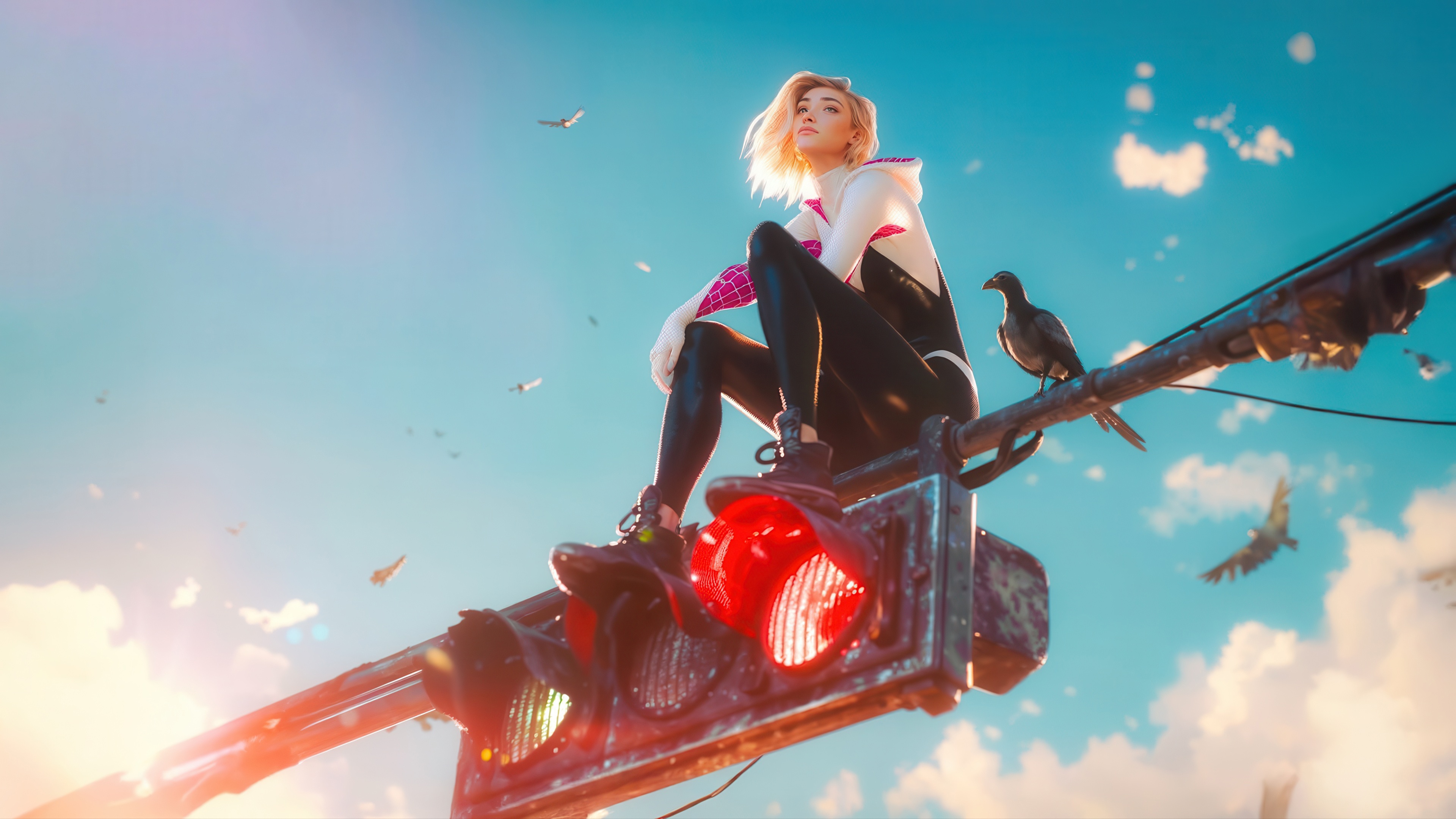 Gwen Stacy Sitting on Traffic Light HD Wallpaper