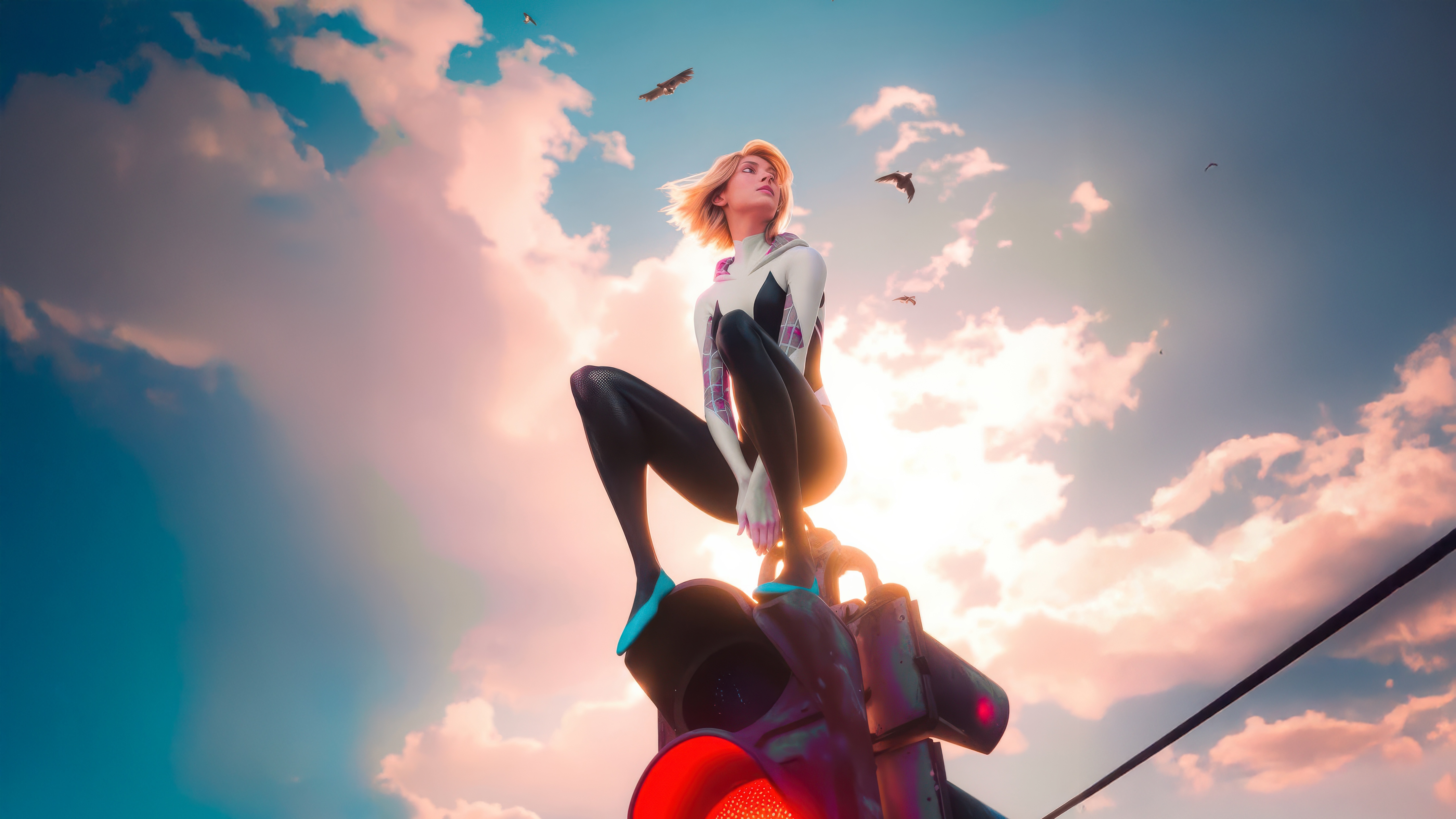 Spider-Gwen Sitting on Traffic Light HD Wallpaper