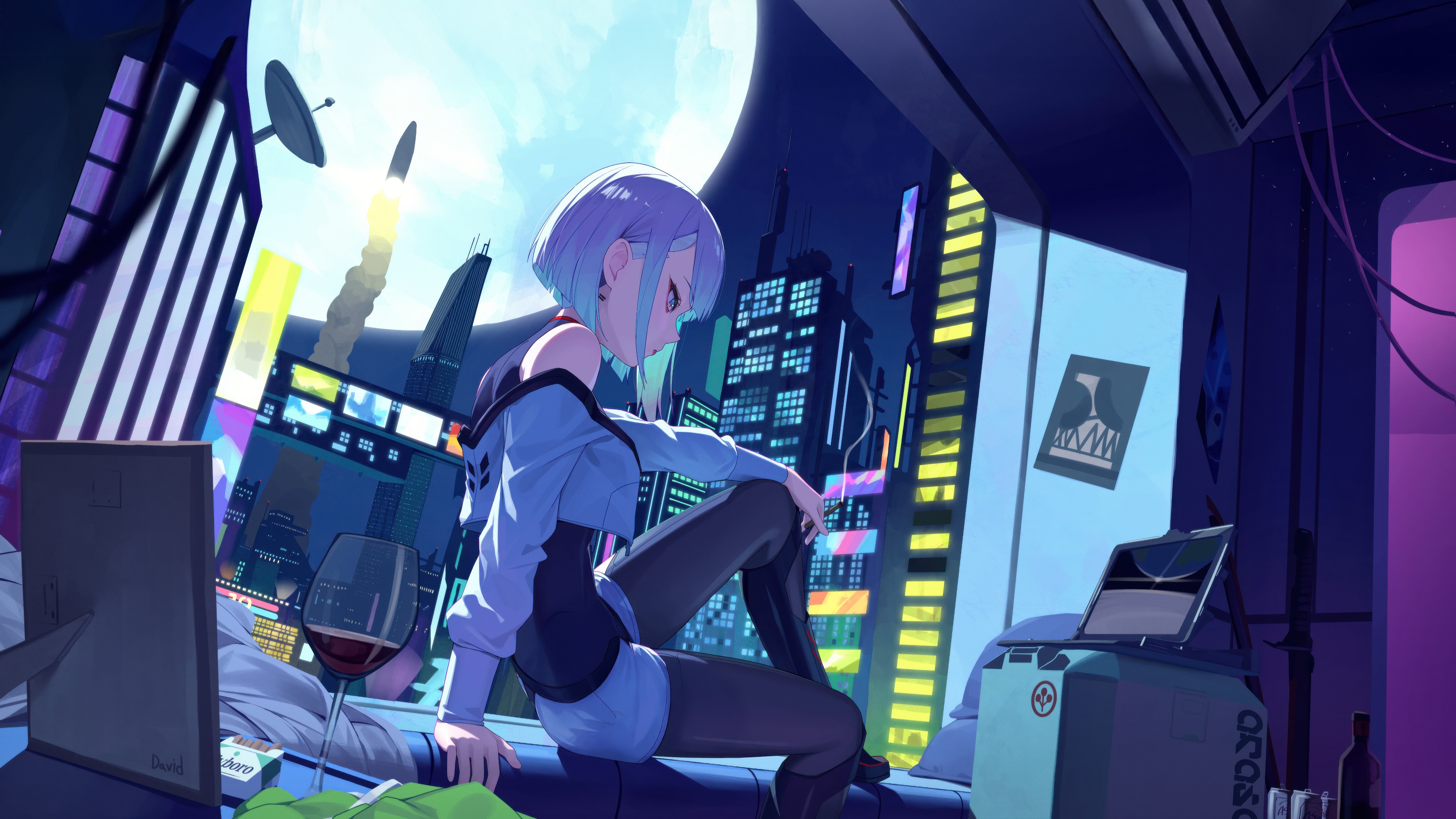 Anime girl sitting in a futuristic city room with wine HD Wallpaper