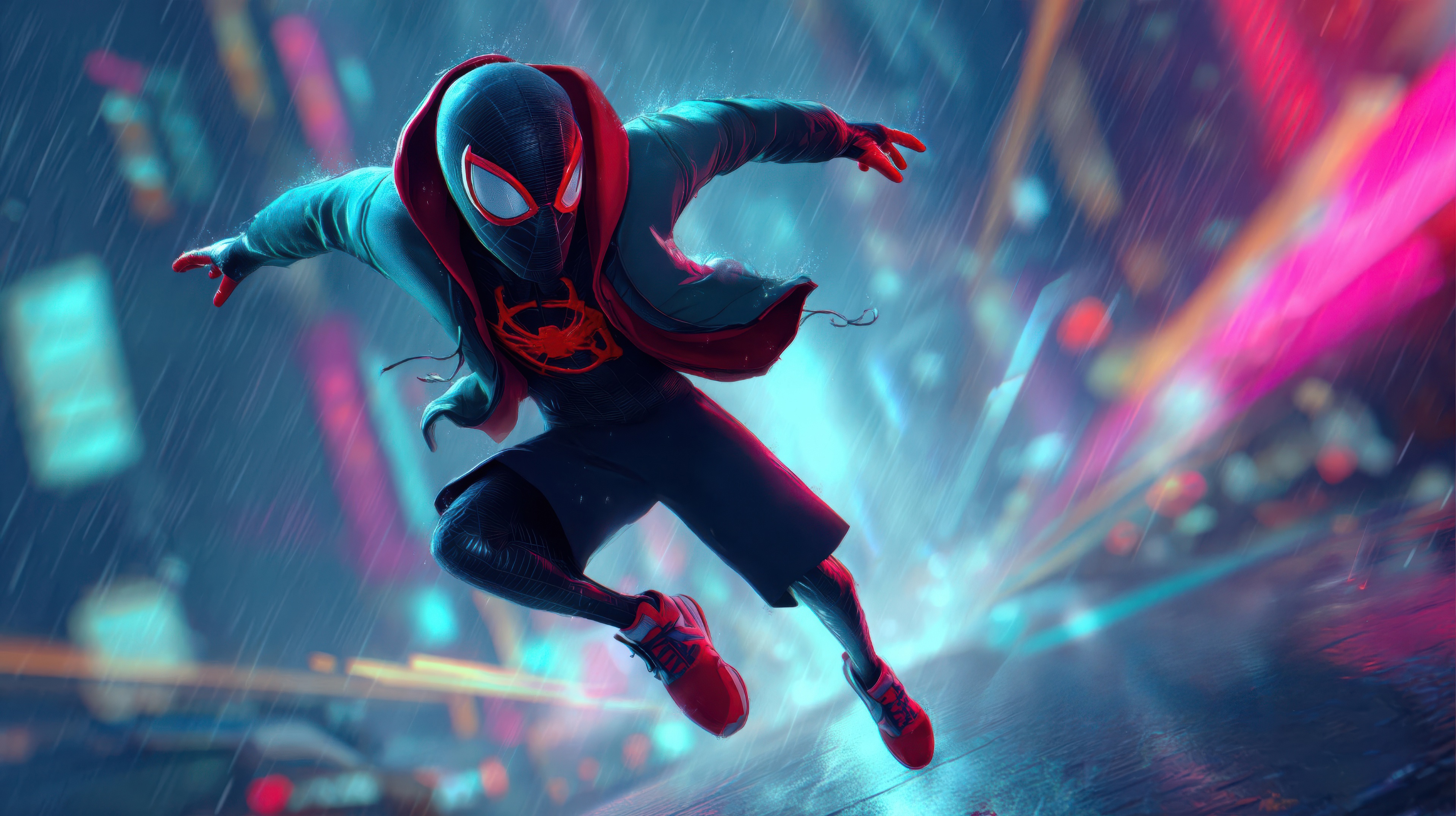 Miles Morales in a Rainy City HD Wallpaper