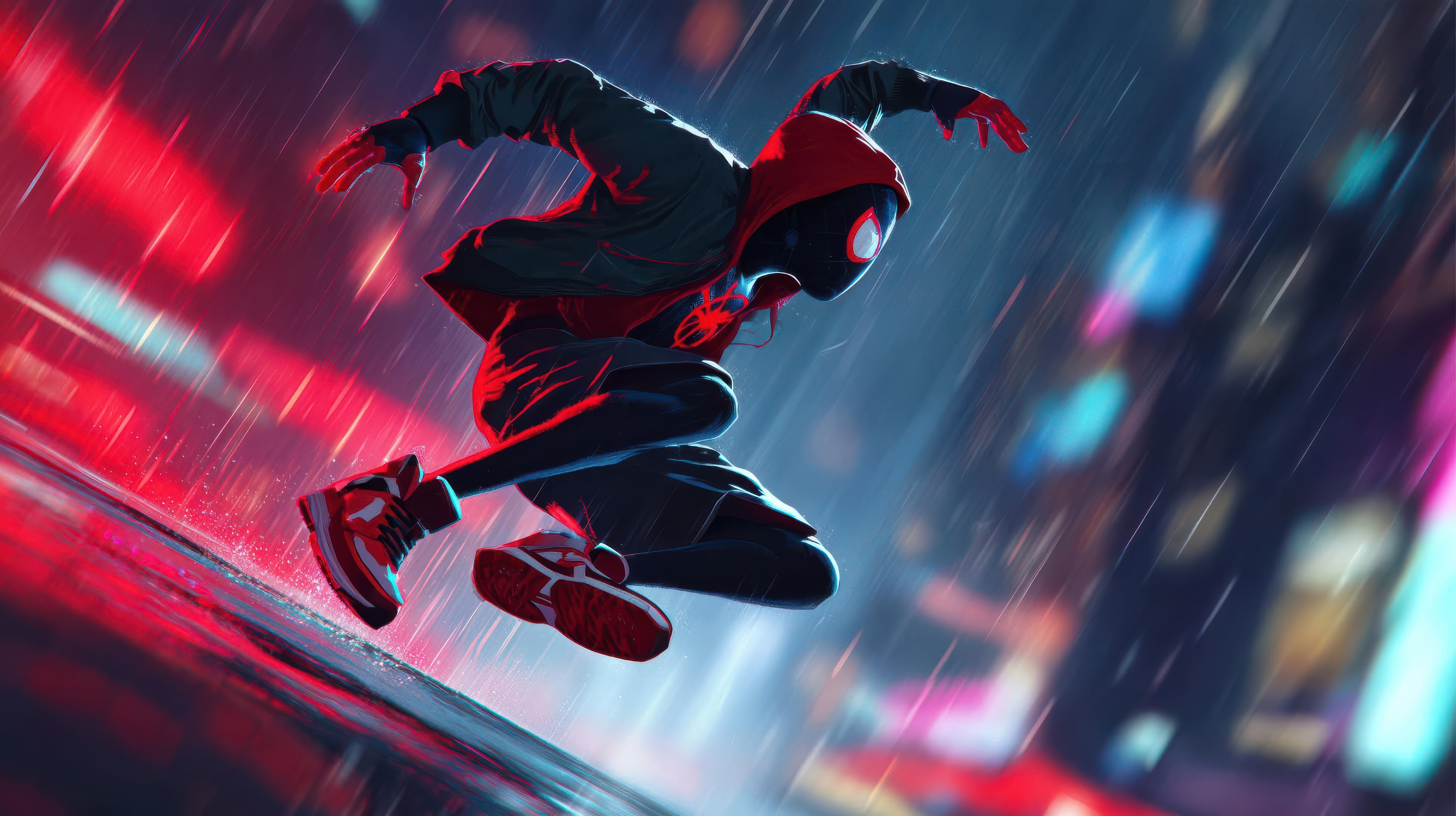Miles Morales in a Rainy City HD Wallpaper