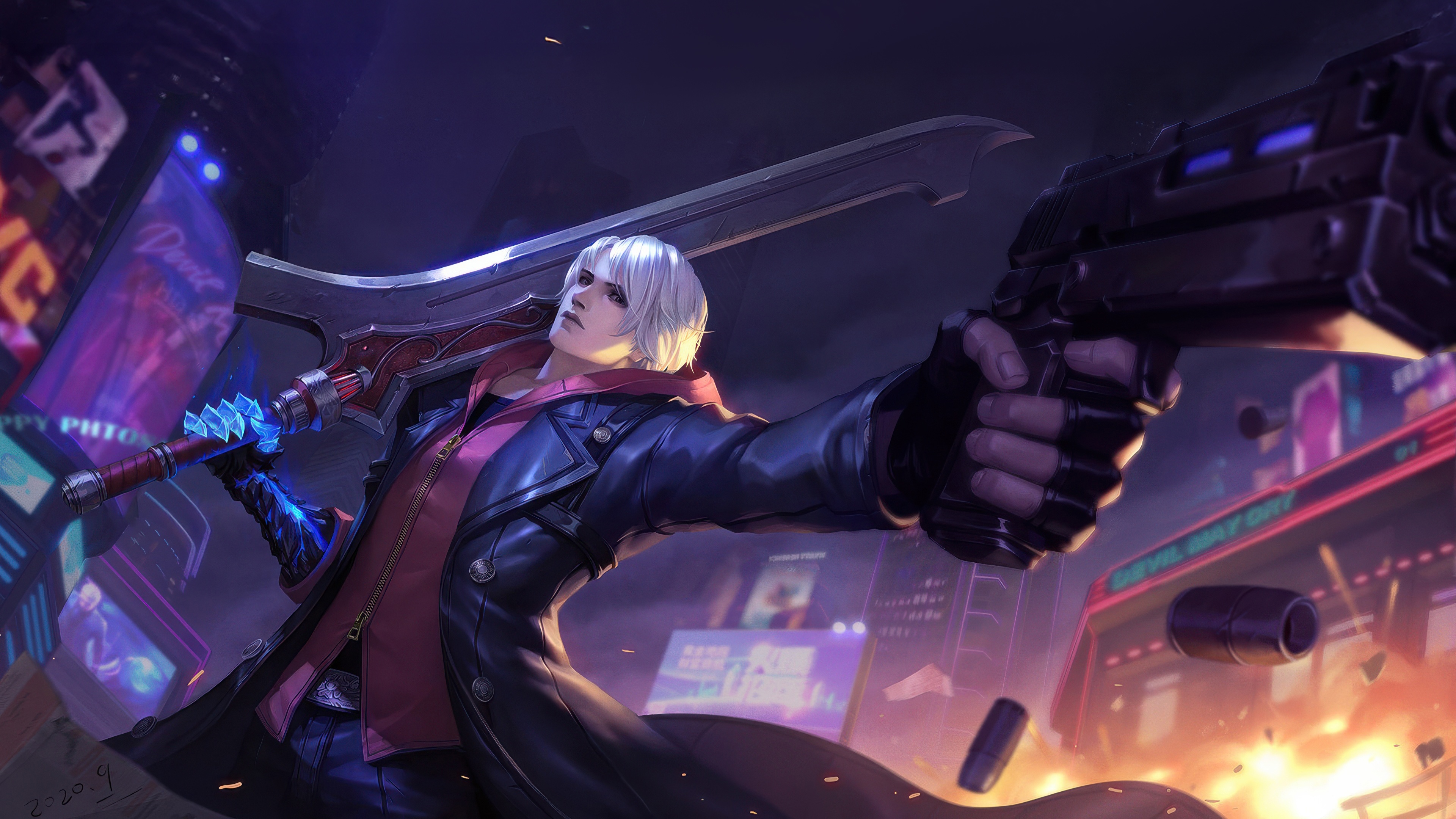 Dante with Sword and Gun in Neon City HD Wallpaper