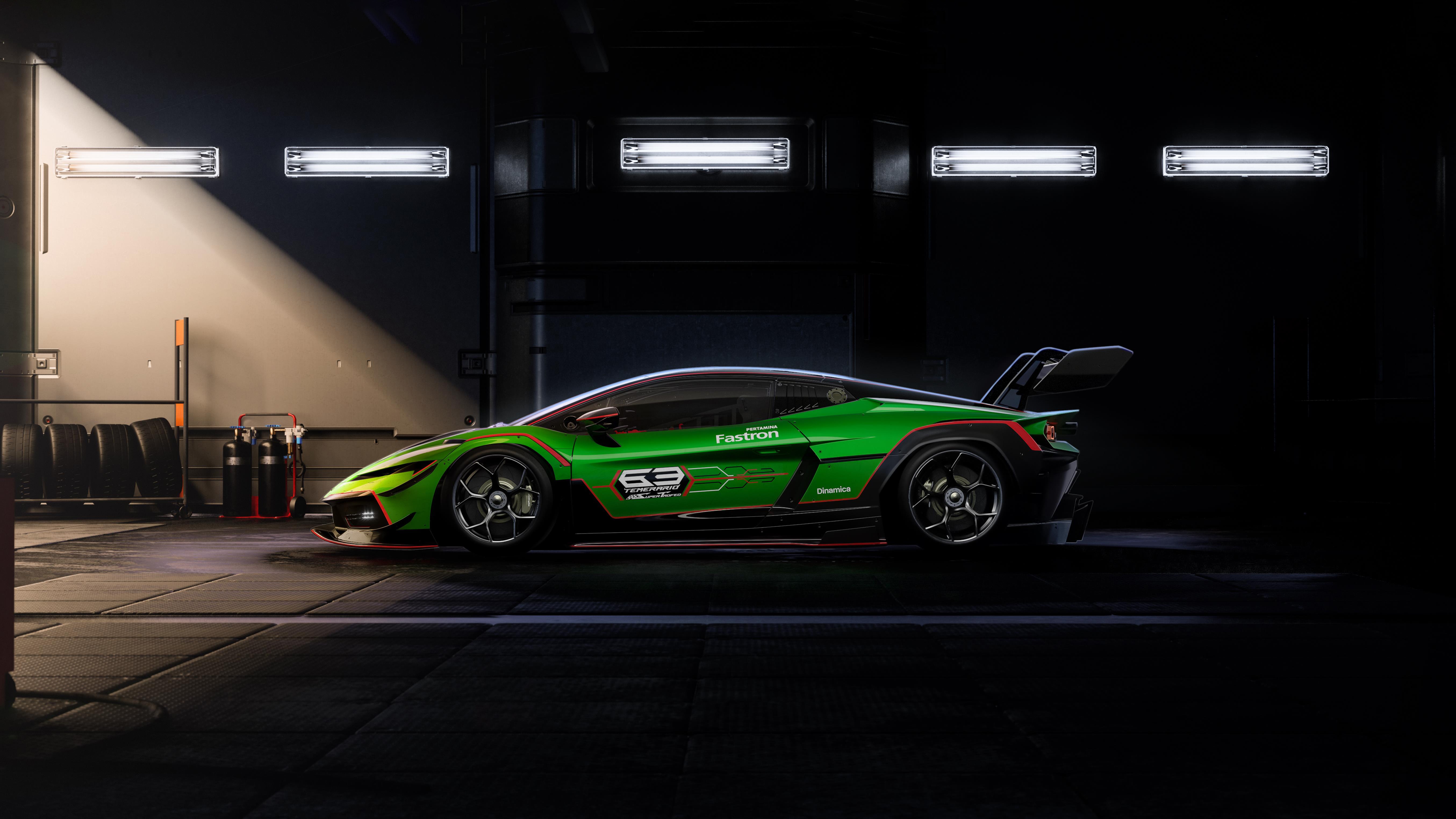Green Lamborghini Temerario Super Trofeo in a garage HD Wallpaper