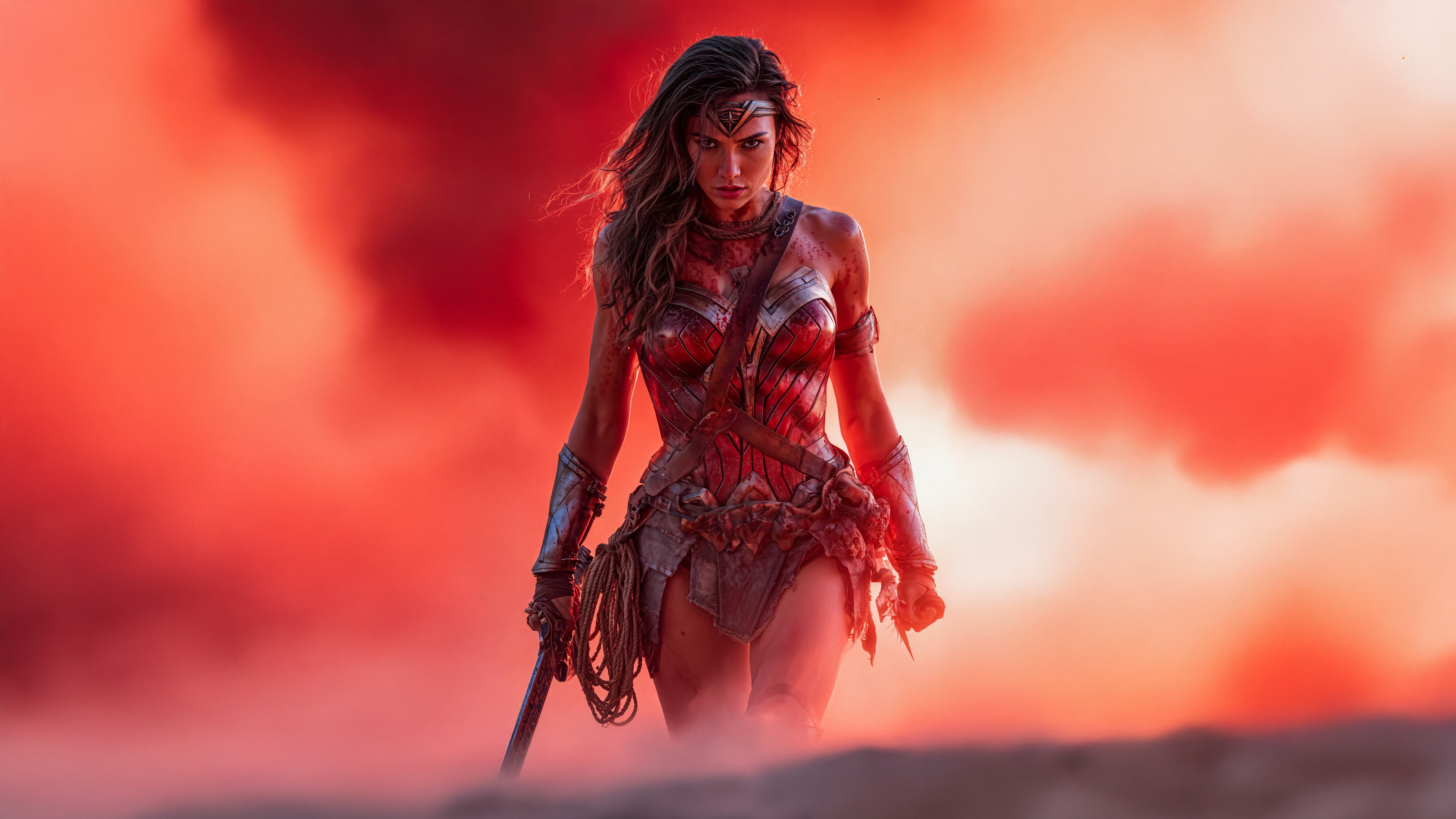 Wonder Woman walking through a red, smoky landscape HD Wallpaper