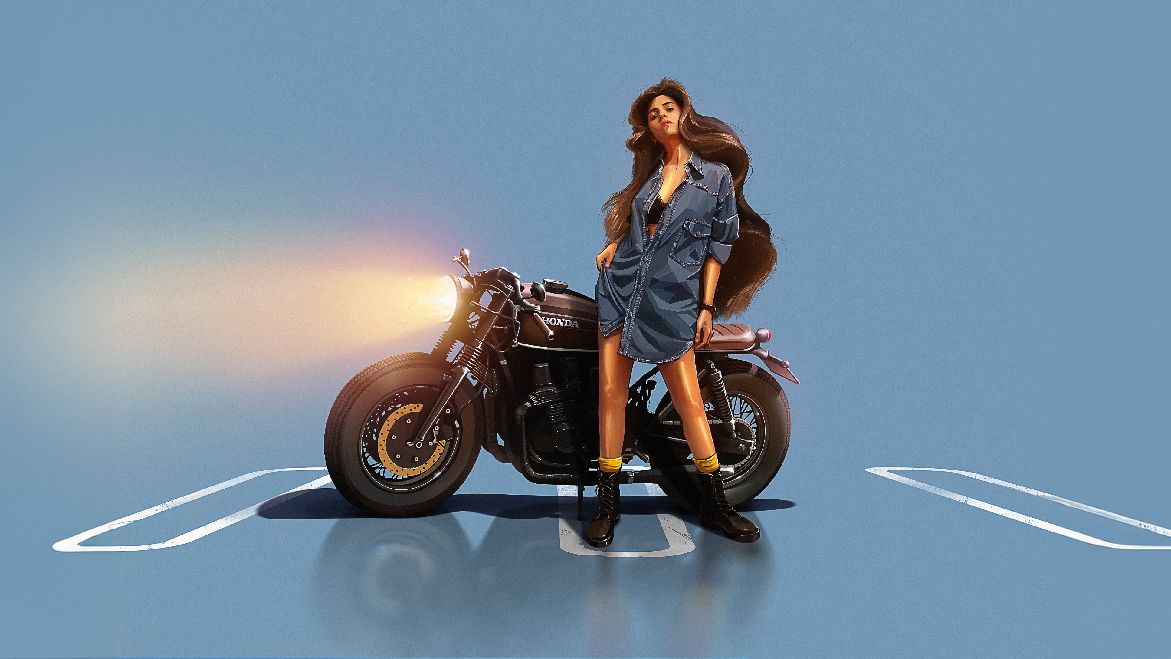 Woman in denim shirt with Honda motorcycle HD Wallpaper