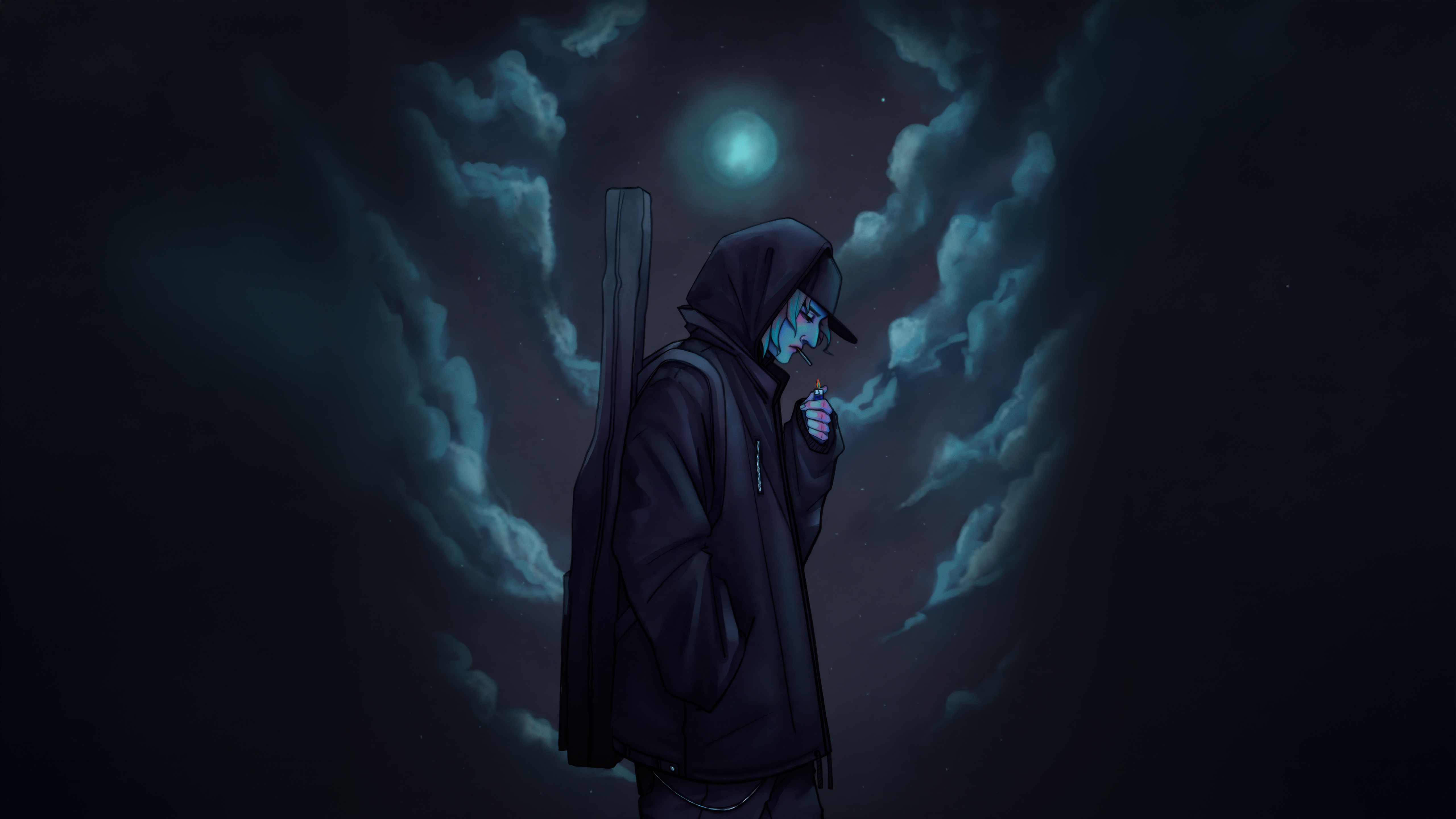 Man with guitar case lighting cigarette under moonlit clouds HD Wallpaper