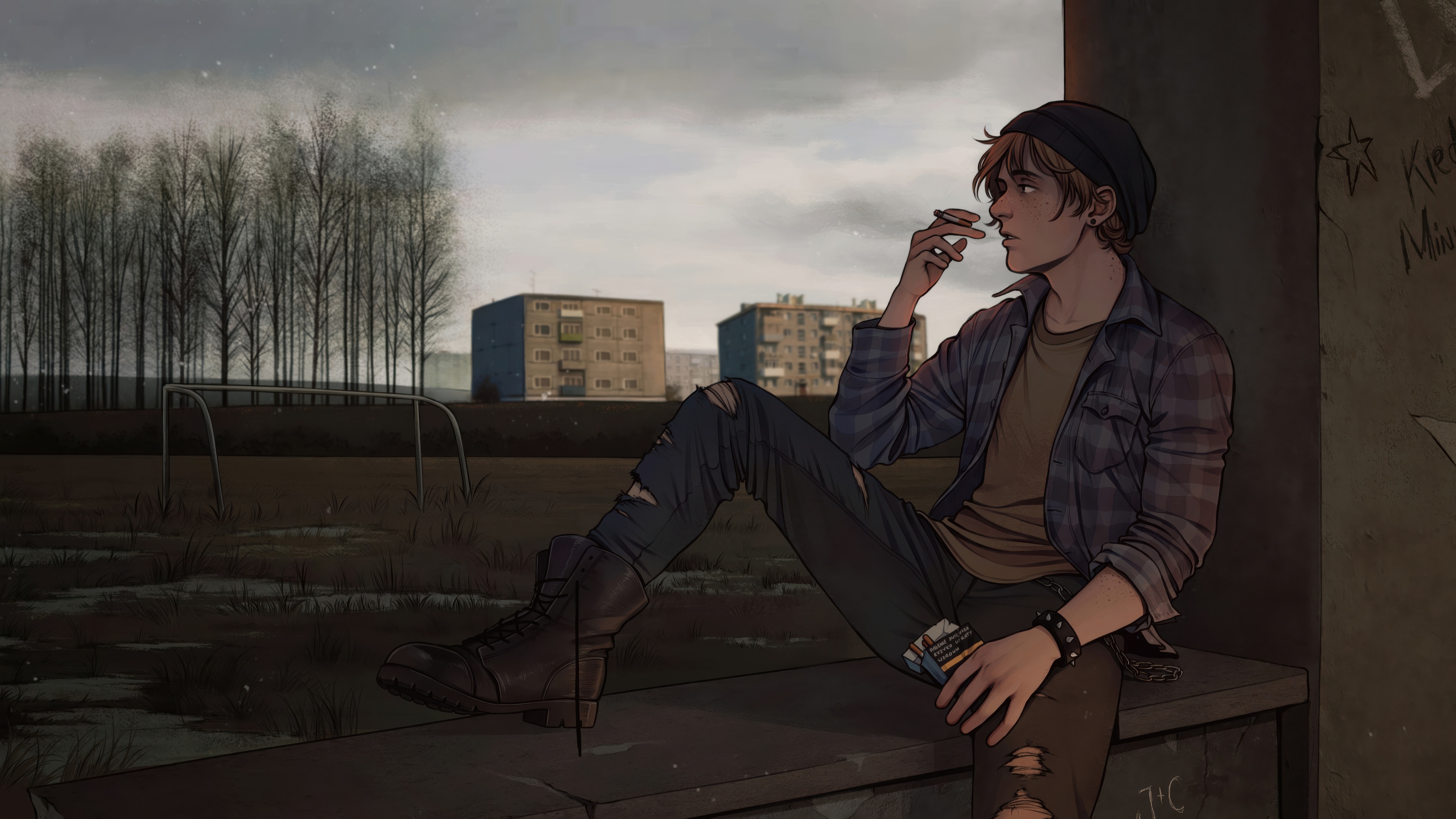 Boy sitting on a ledge smoking, overlooking buildings HD Wallpaper