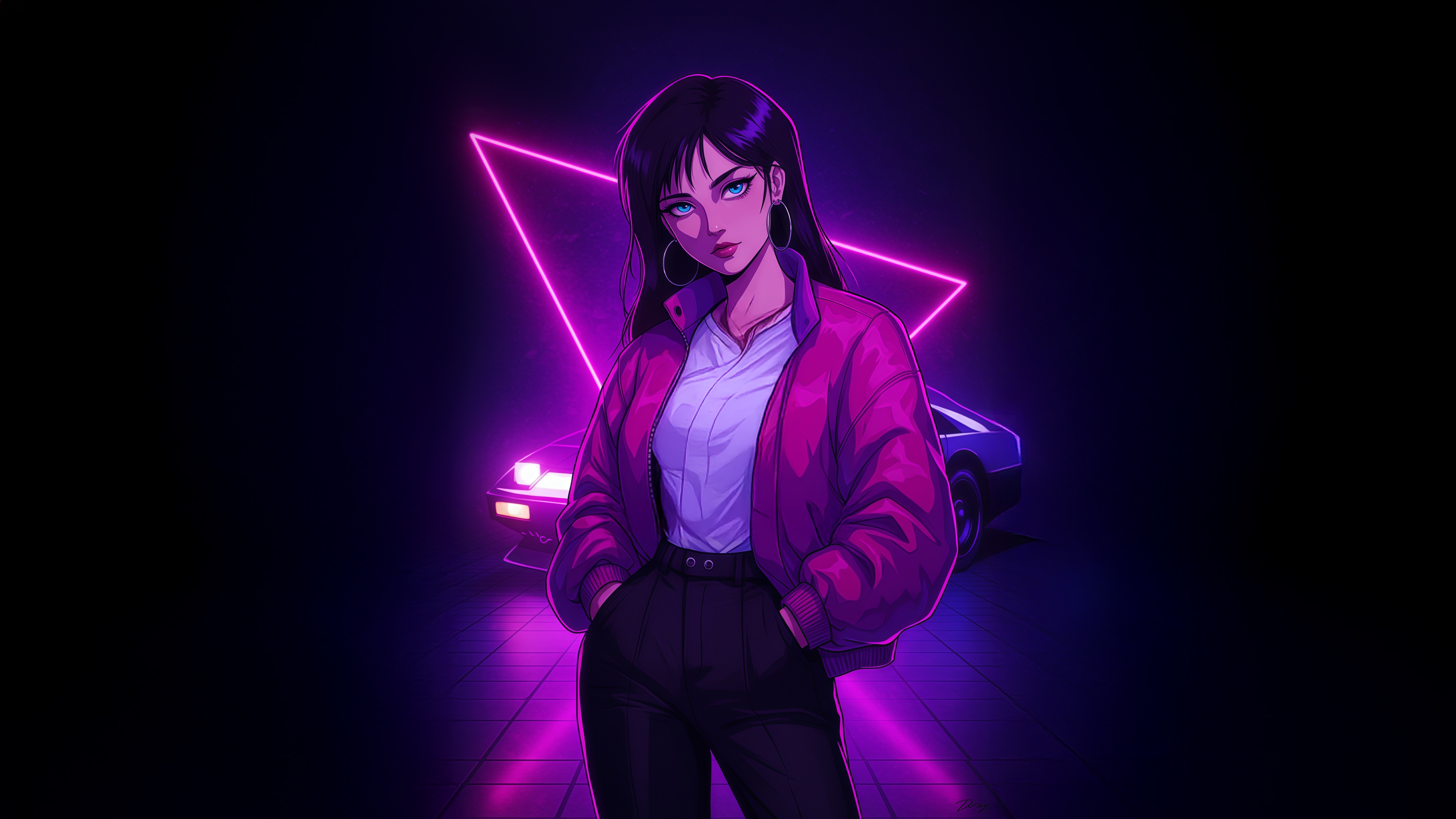 Anime Girl with Stellar Glow and Car HD Wallpaper