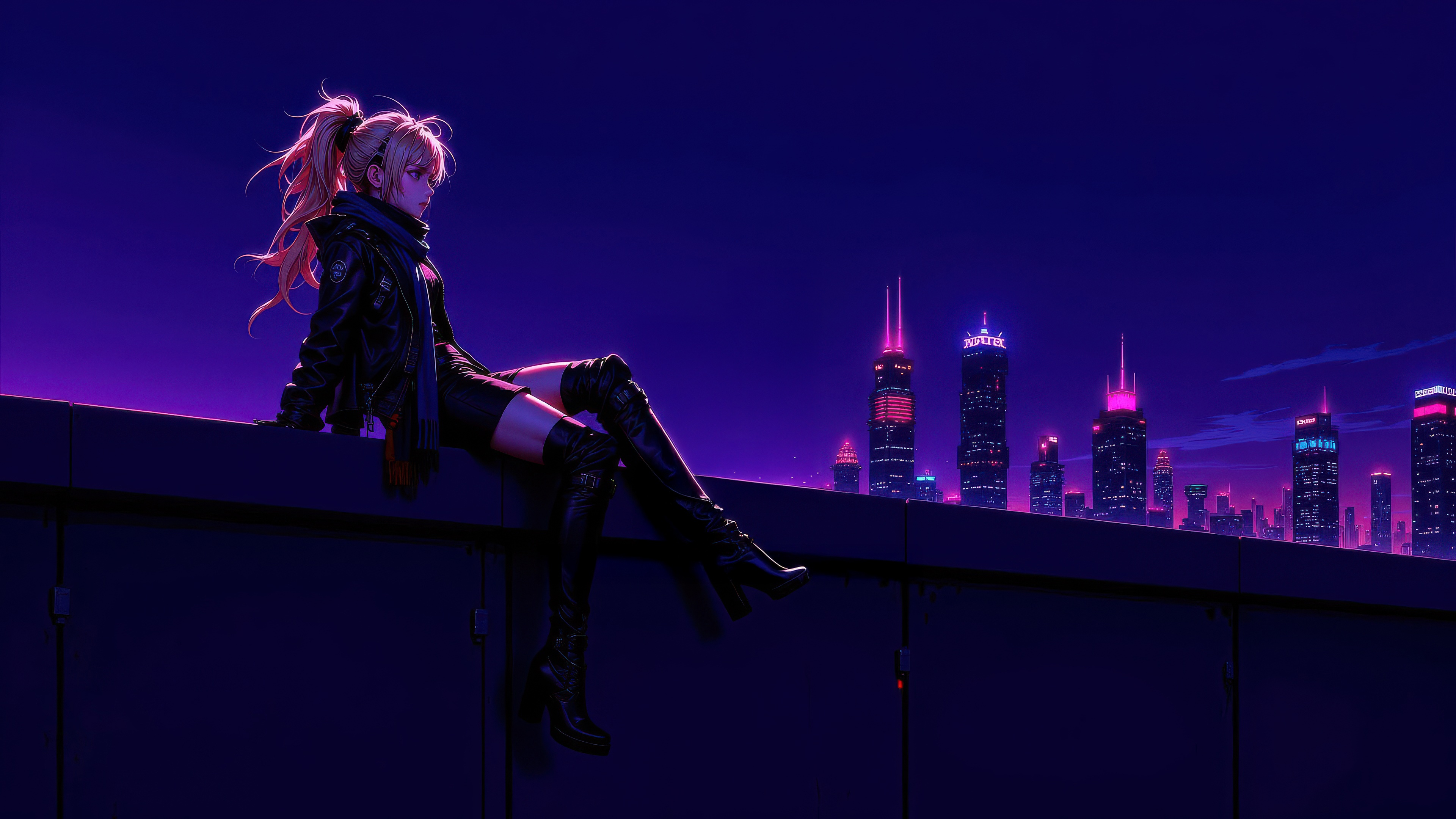 Cyberpunk Anime Girl Sitting on a Rooftop Overlooking a City HD Wallpaper
