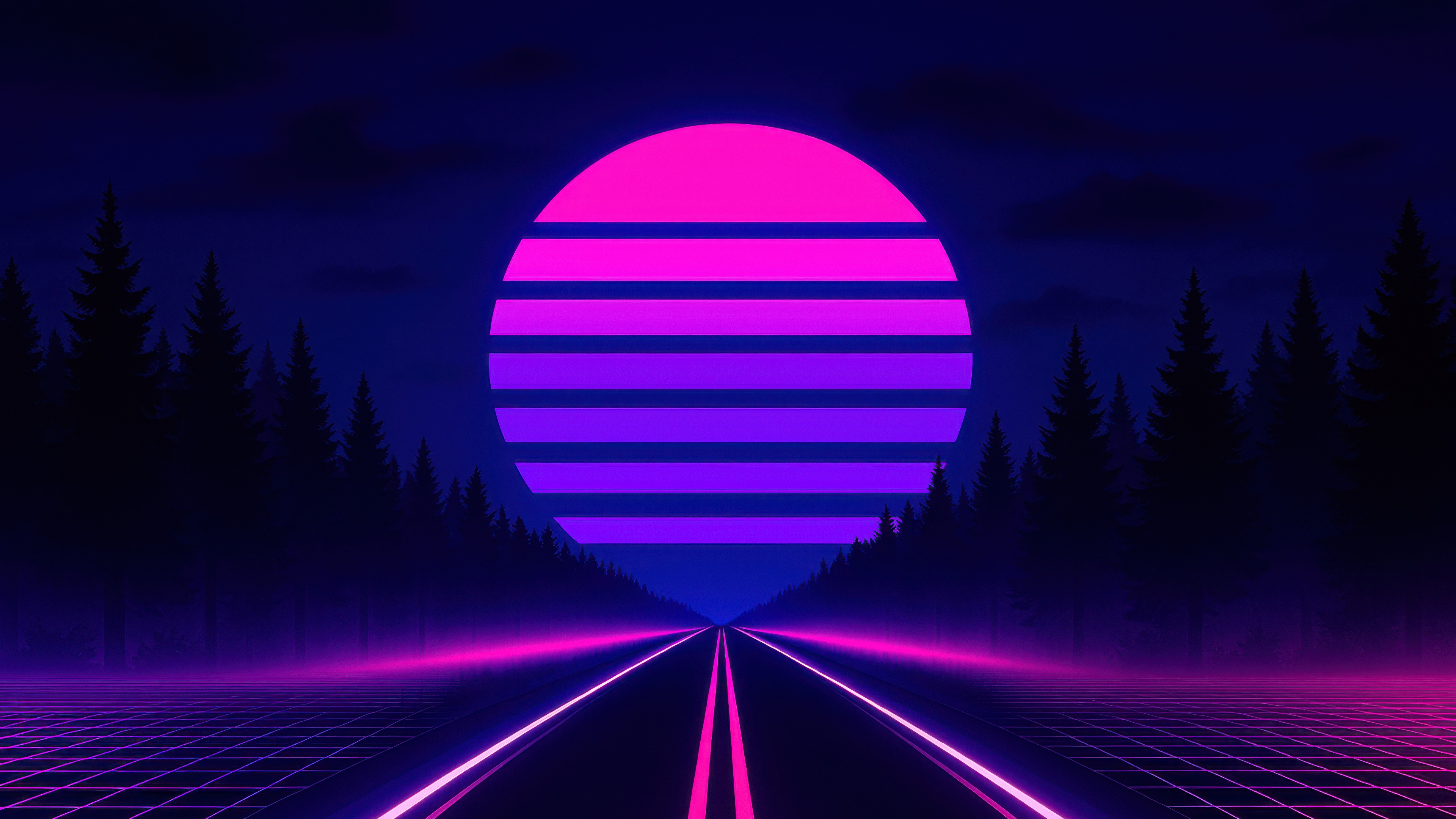 Cyberpunk Neon Road with Striped Sun HD Wallpaper