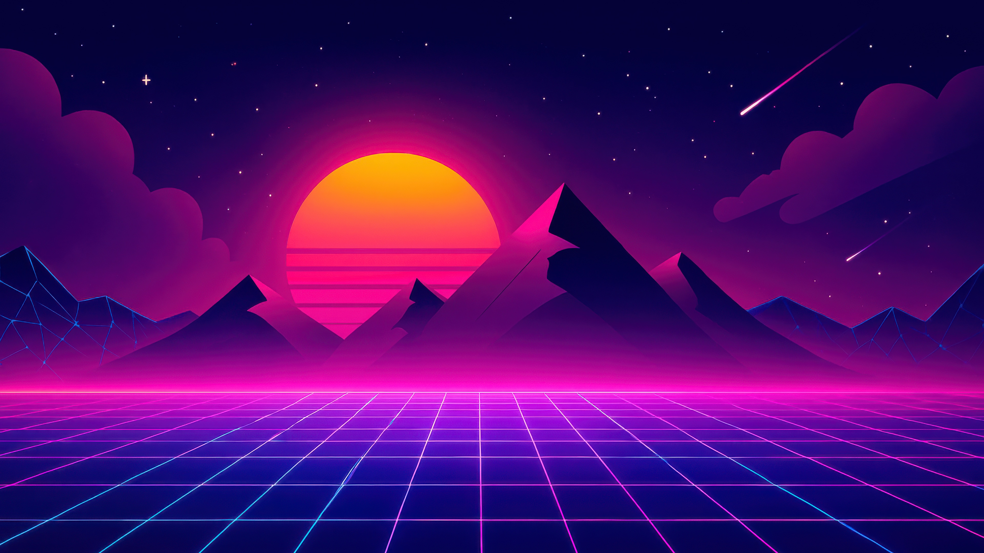 Synthwave Mountains with Geometric Grid and Sunset HD Wallpaper