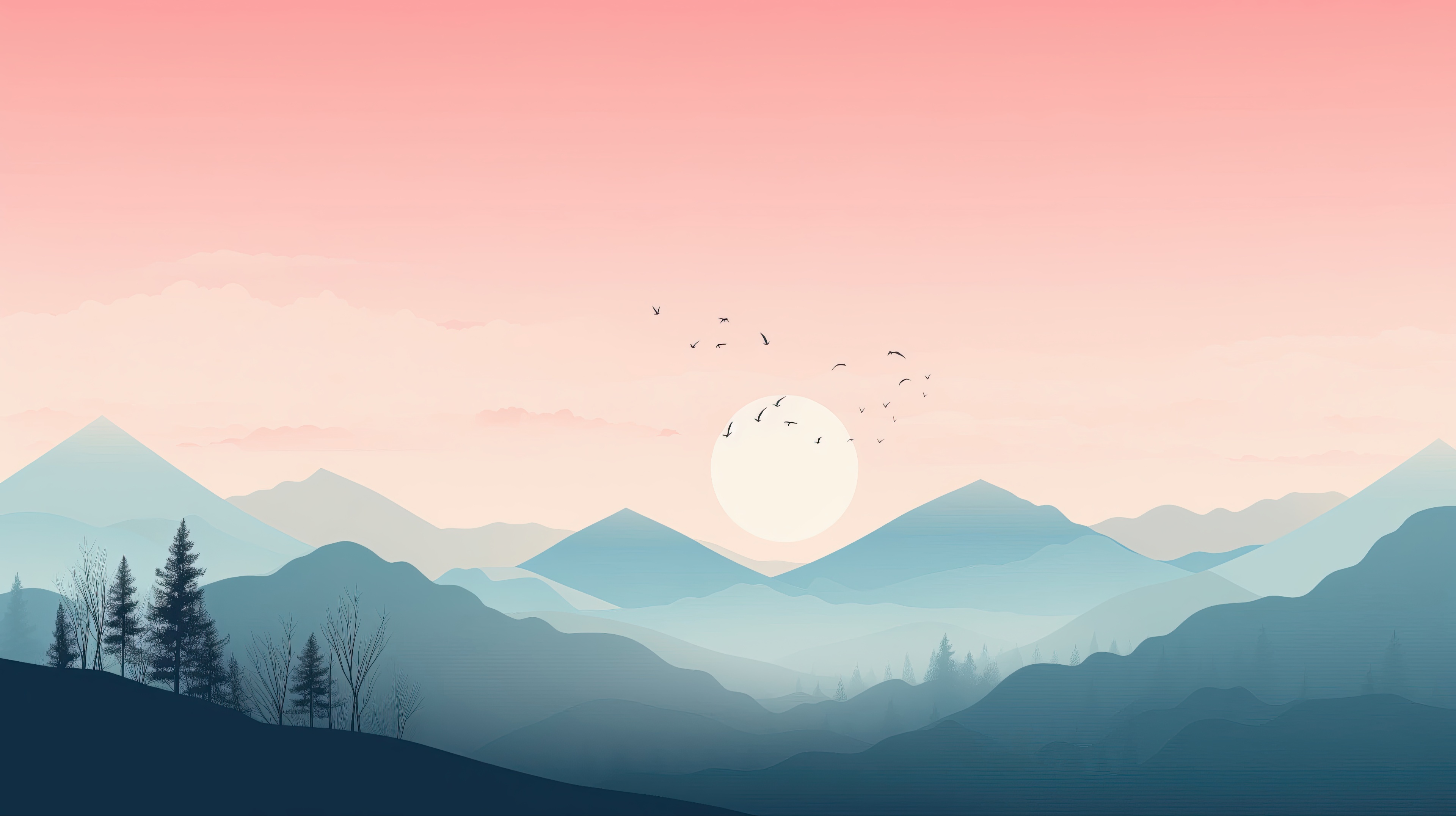 Pastel Mountain Sunrise with Birds HD Wallpaper