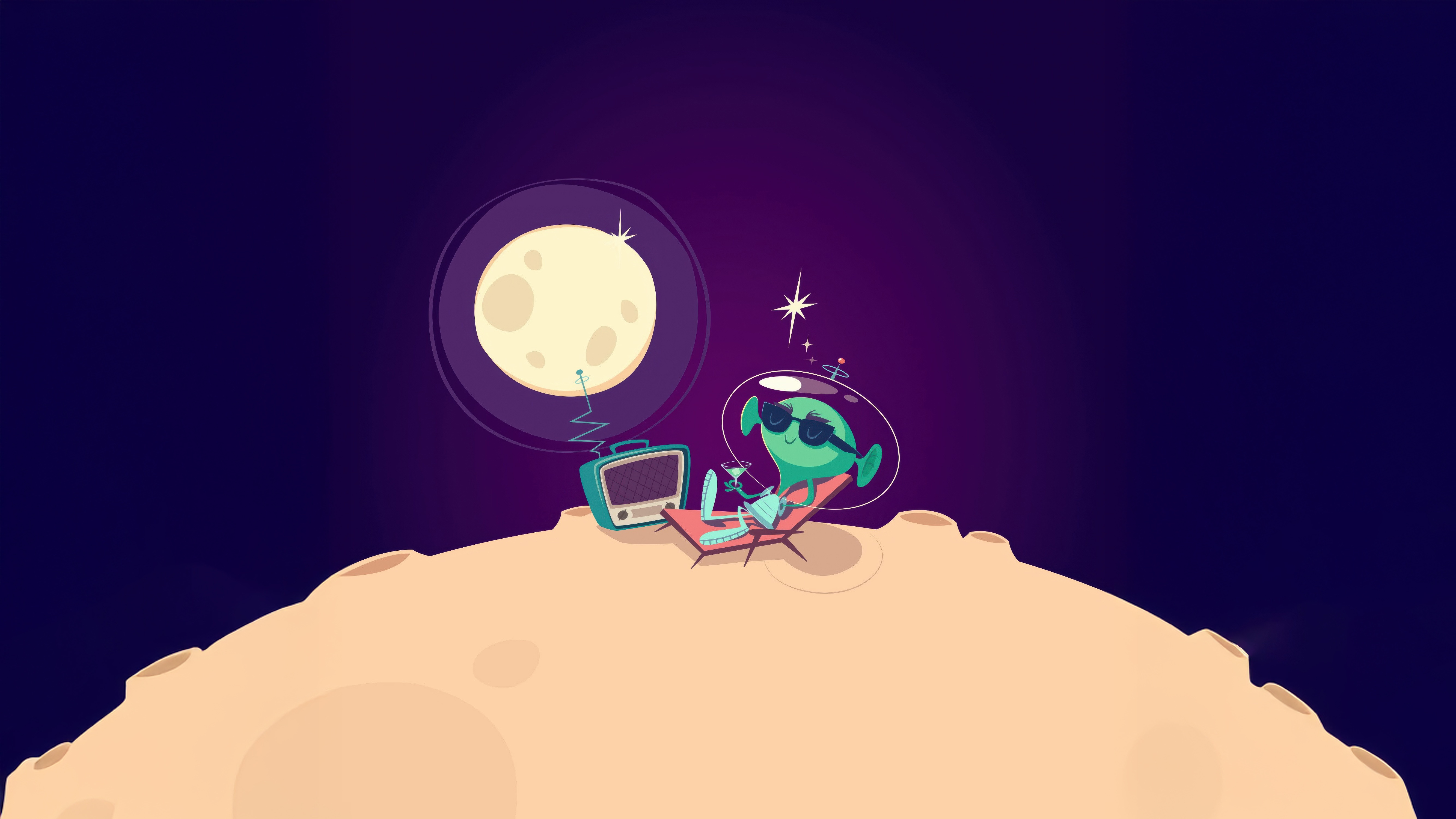 Alien relaxing on the moon with a vintage TV HD Wallpaper