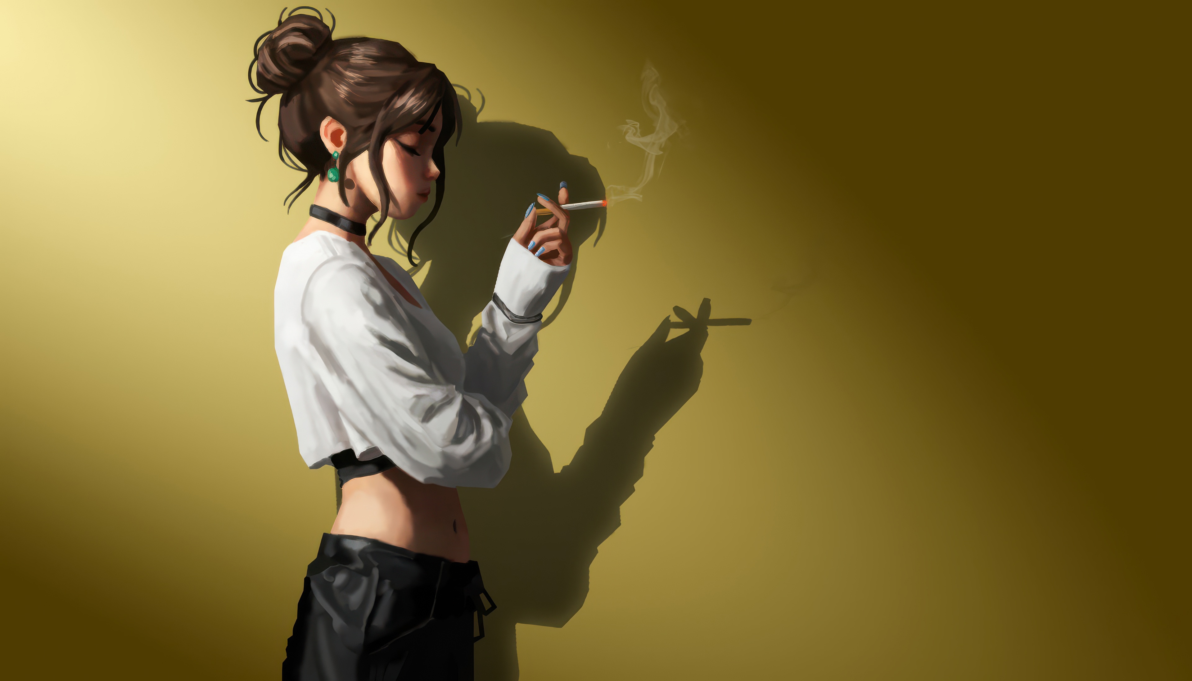 Anime girl in white top smoking HD Wallpaper
