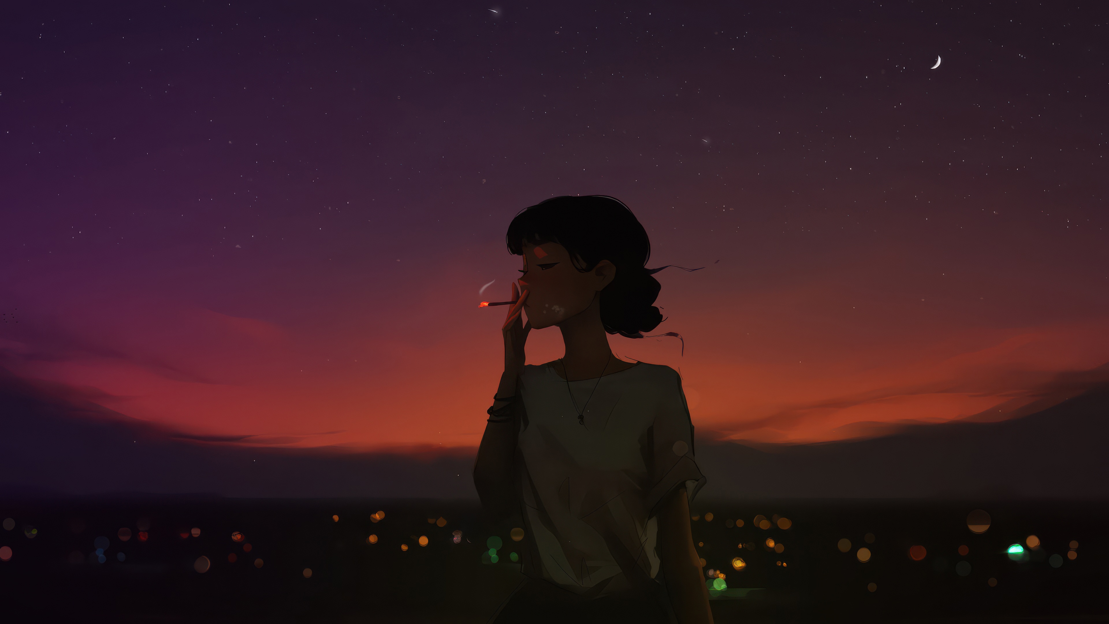 Anime girl smoking a cigarette at sunset HD Wallpaper