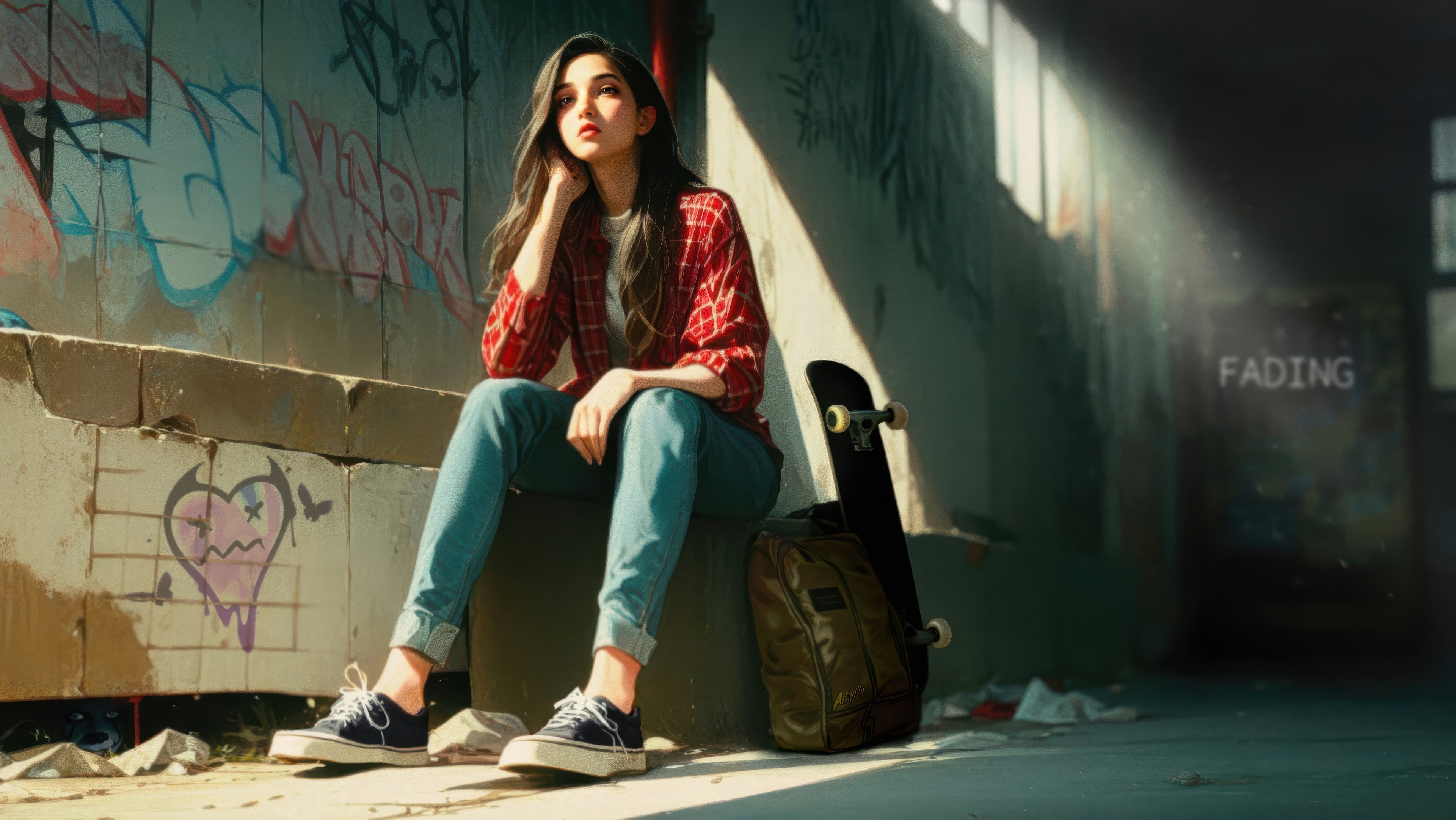 Girl With Skateboard And Graffiti HD Wallpaper