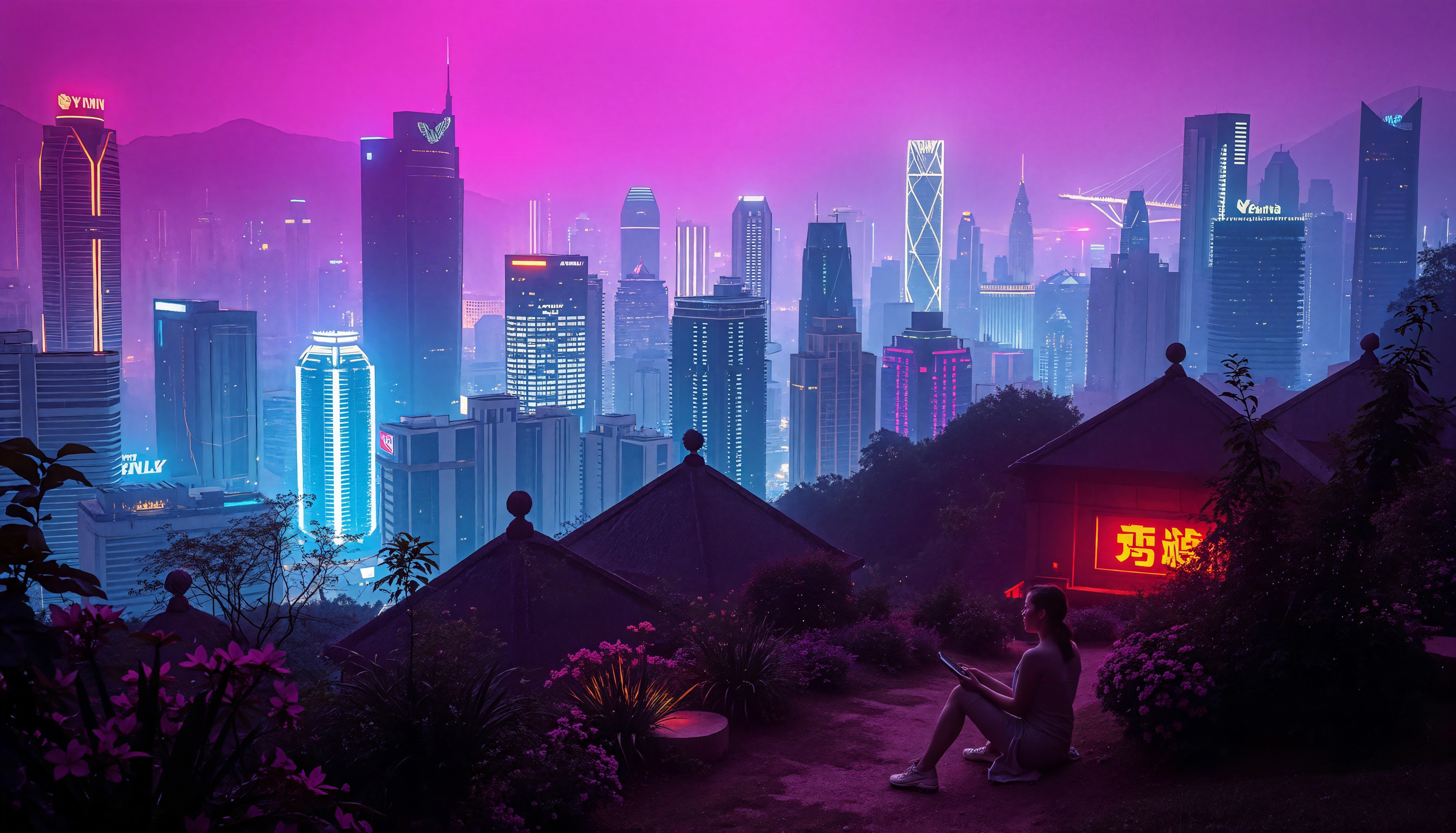 Girl Watching Glowing Metropolis at Night HD Wallpaper