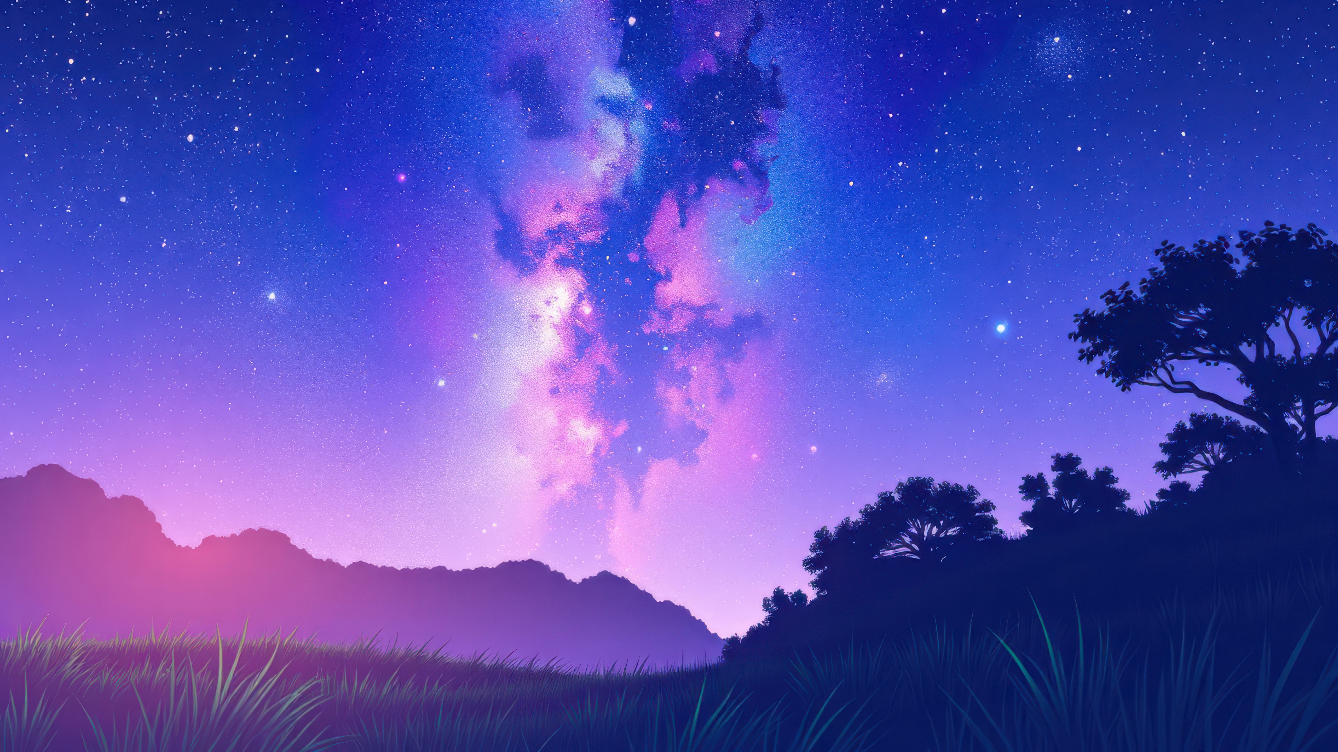 Purple Landscape With Starry Sky And Trees HD Wallpaper