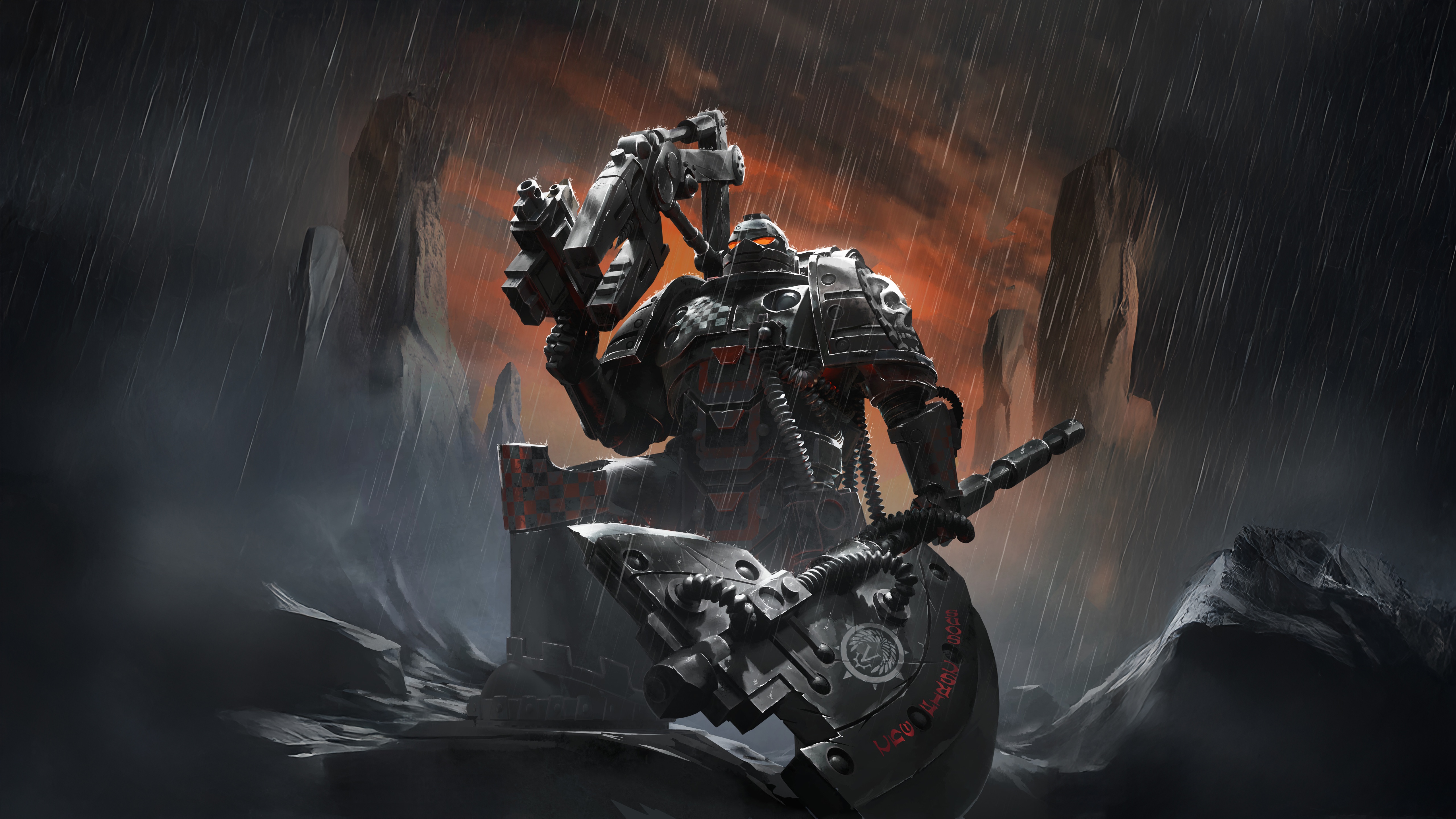 Dark Angels Techmarine with Axe in the Rain HD Wallpaper