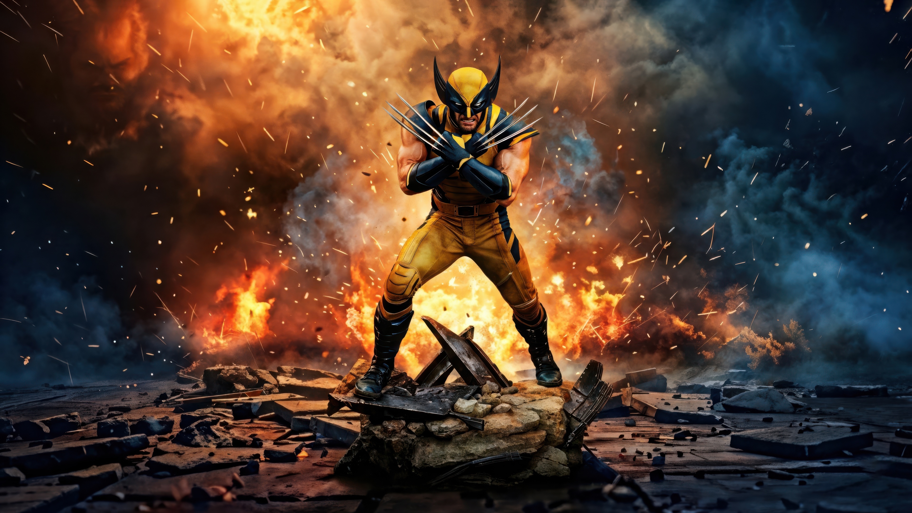 Wolverine in front of an explosion HD Wallpaper